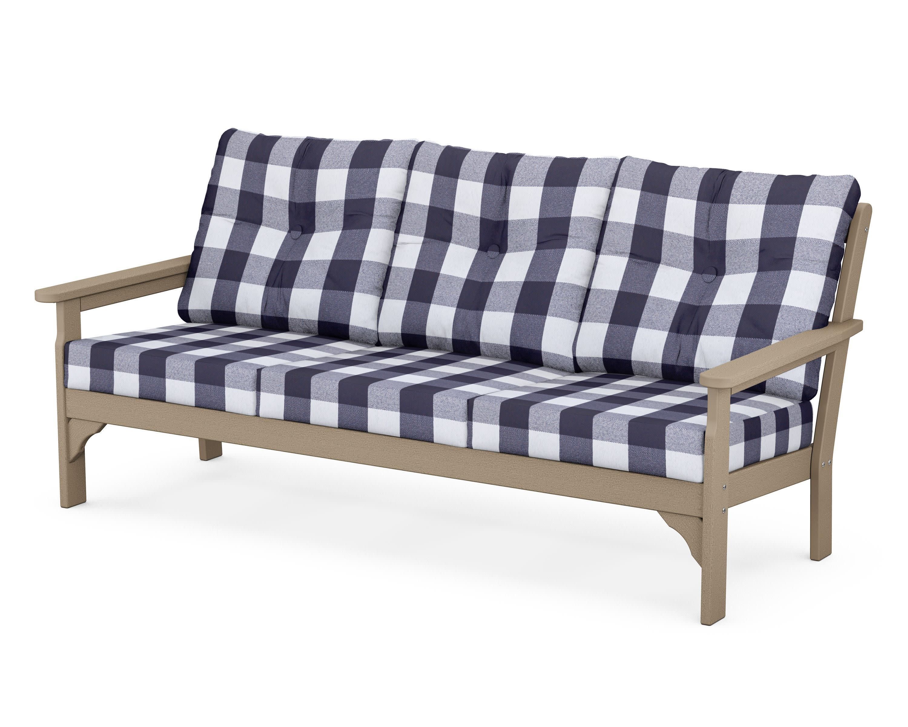 Vineyard Deep Seating Sofa in Vintage Sahara / Buffalo Plaid Navy