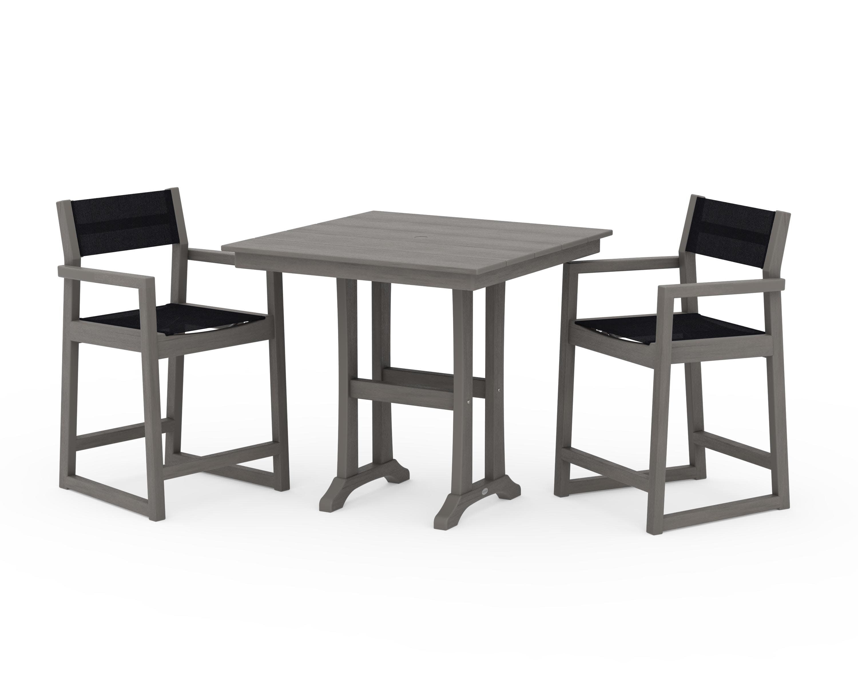 EDGE Sling Arm Chair 3-Piece Farmhouse Counter Set with Trestle Legs in Driftwood / Black Sling