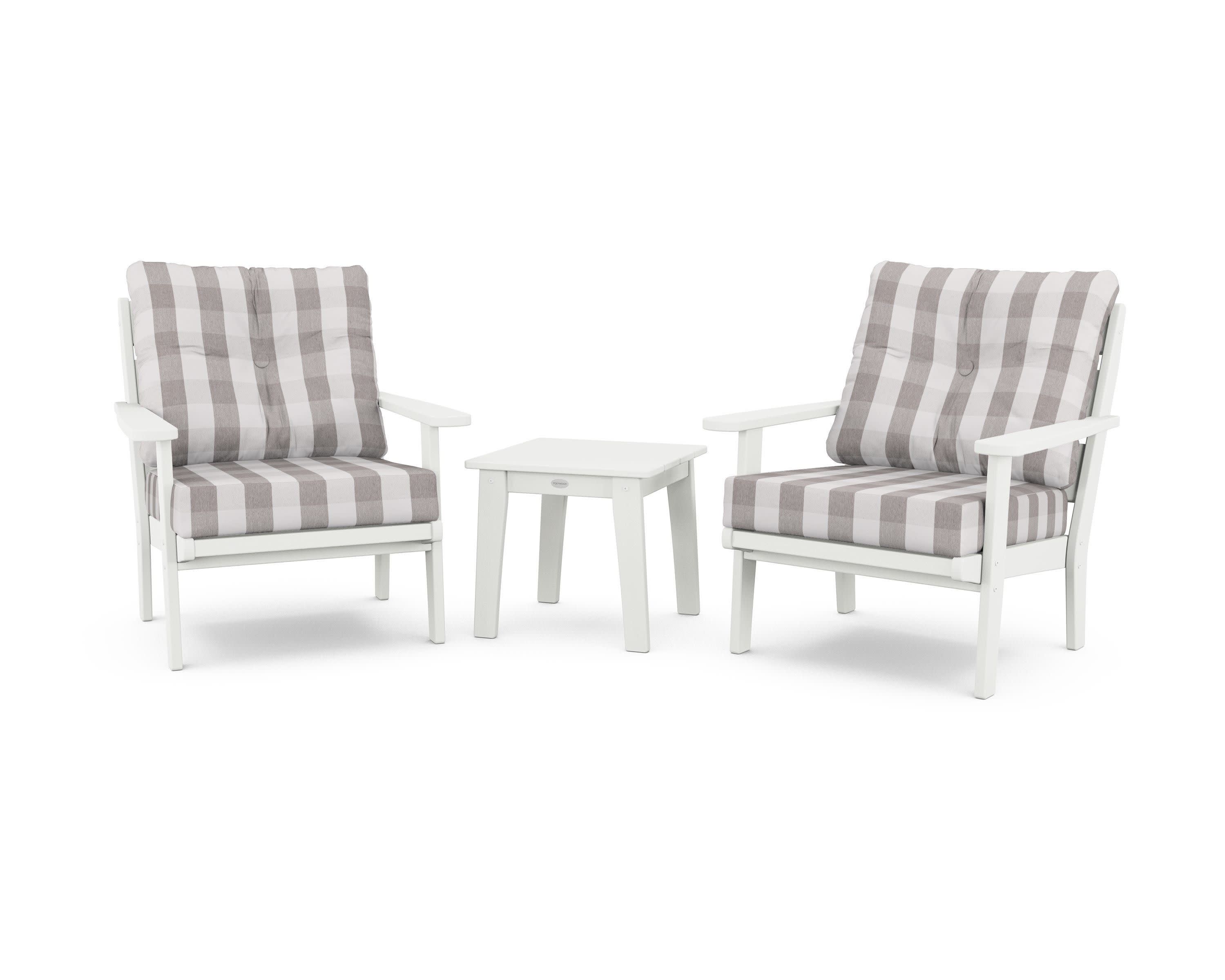 Lakeside 3-Piece Deep Seating Chair Set in Vintage White / Buffalo Plaid Grey Mist