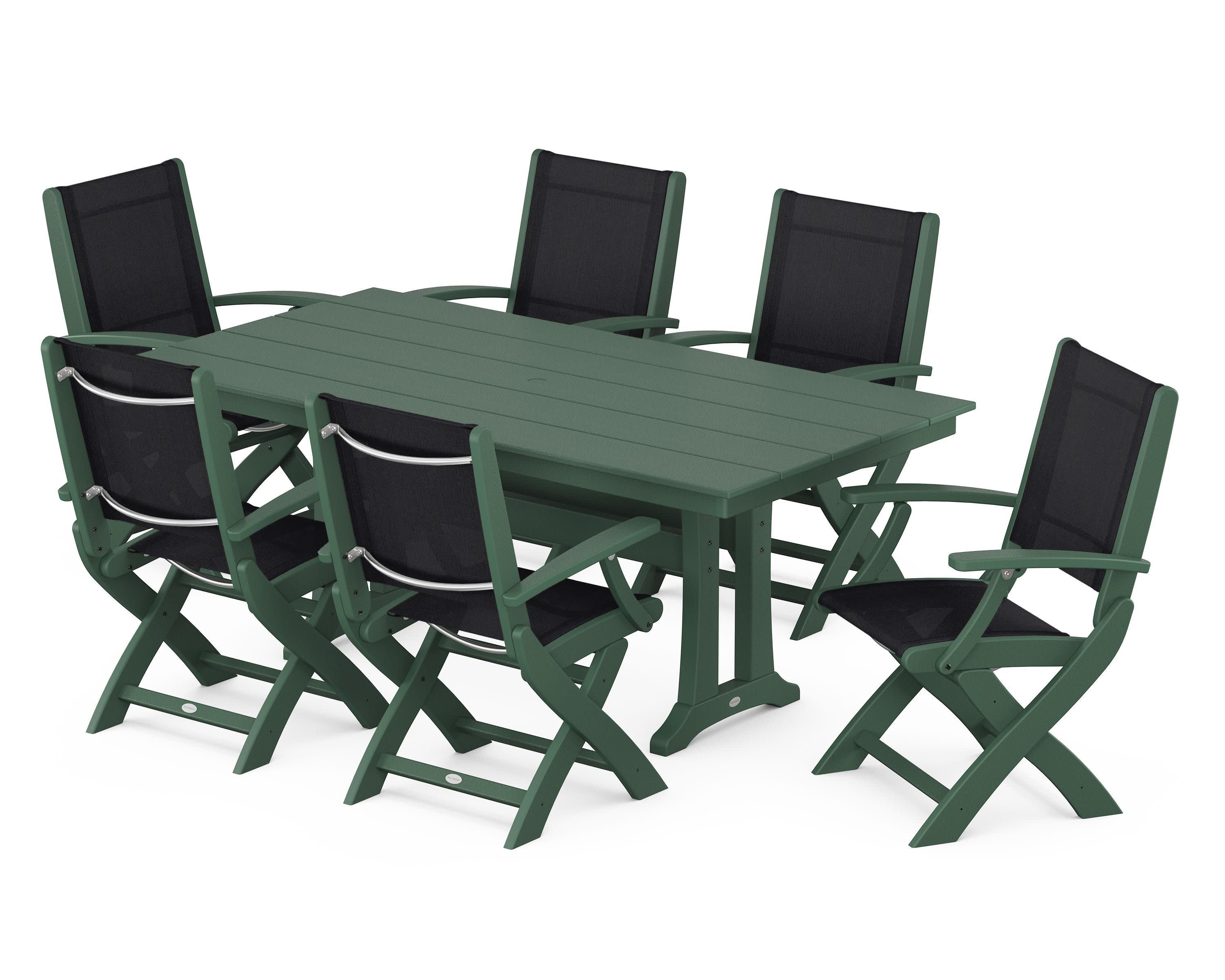 Coastal Folding Arm Chair 7-Piece Farmhouse Dining Set with Trestle Legs in Green / Black Sling