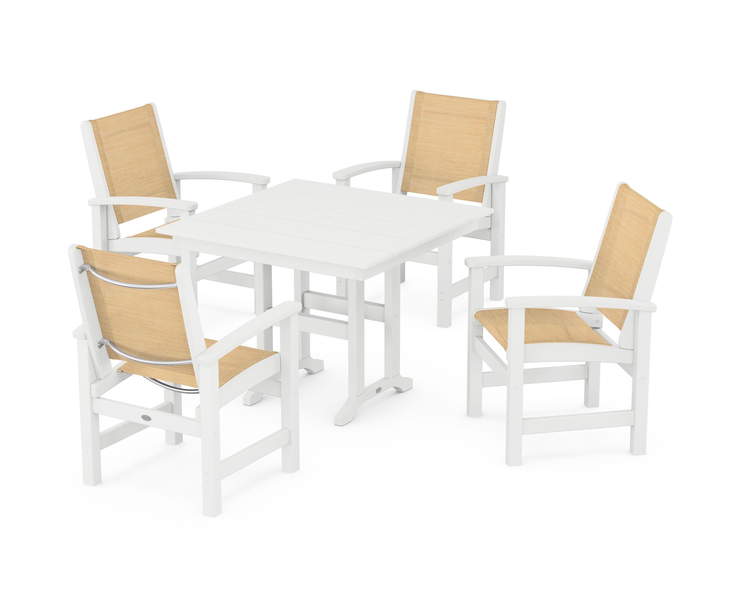 Coastal 5-Piece Farmhouse Dining Set in White / Dupioni Apricot Sling