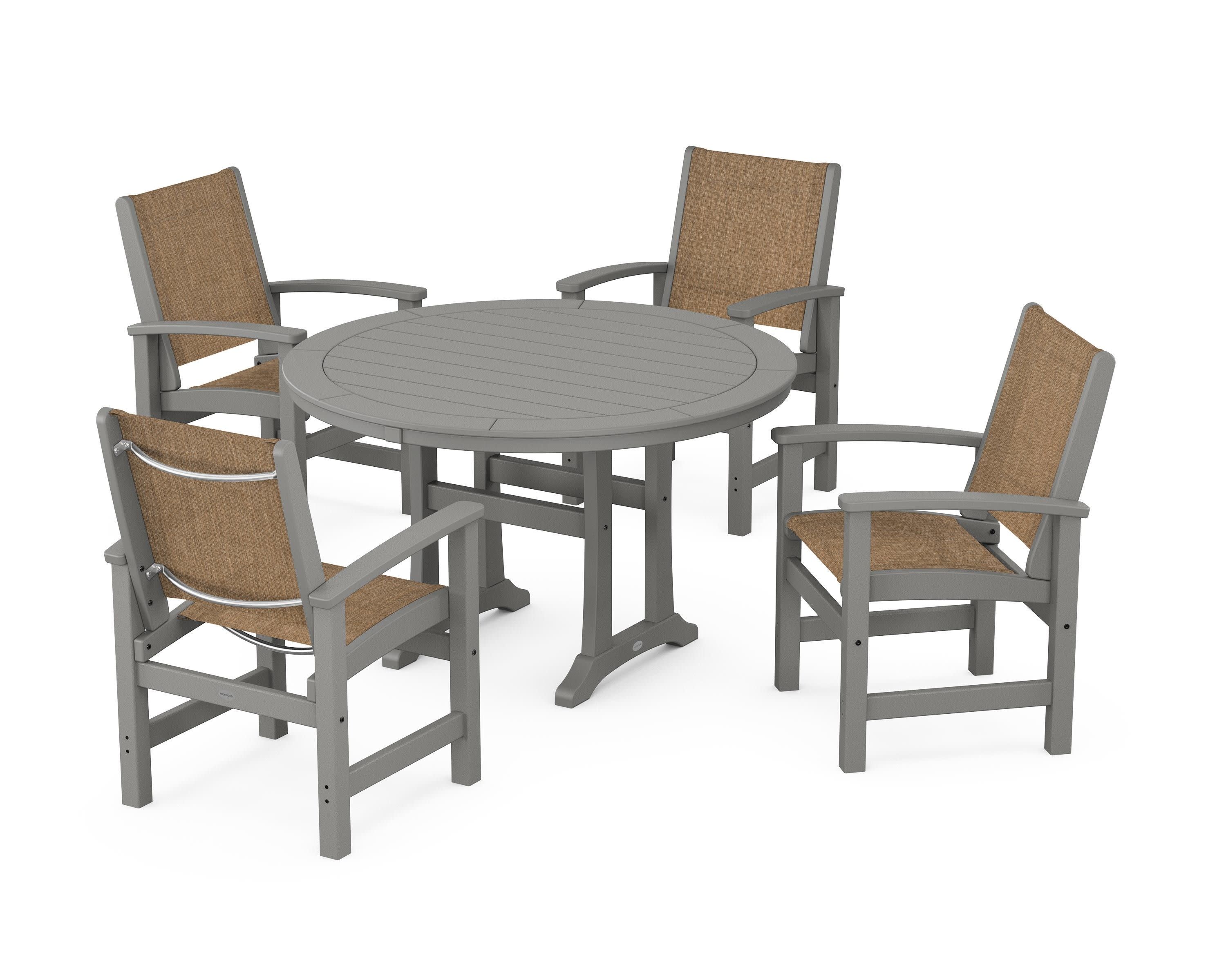 Coastal 5-Piece Round Dining Set with Trestle Legs in Slate Grey / Burlap Sling