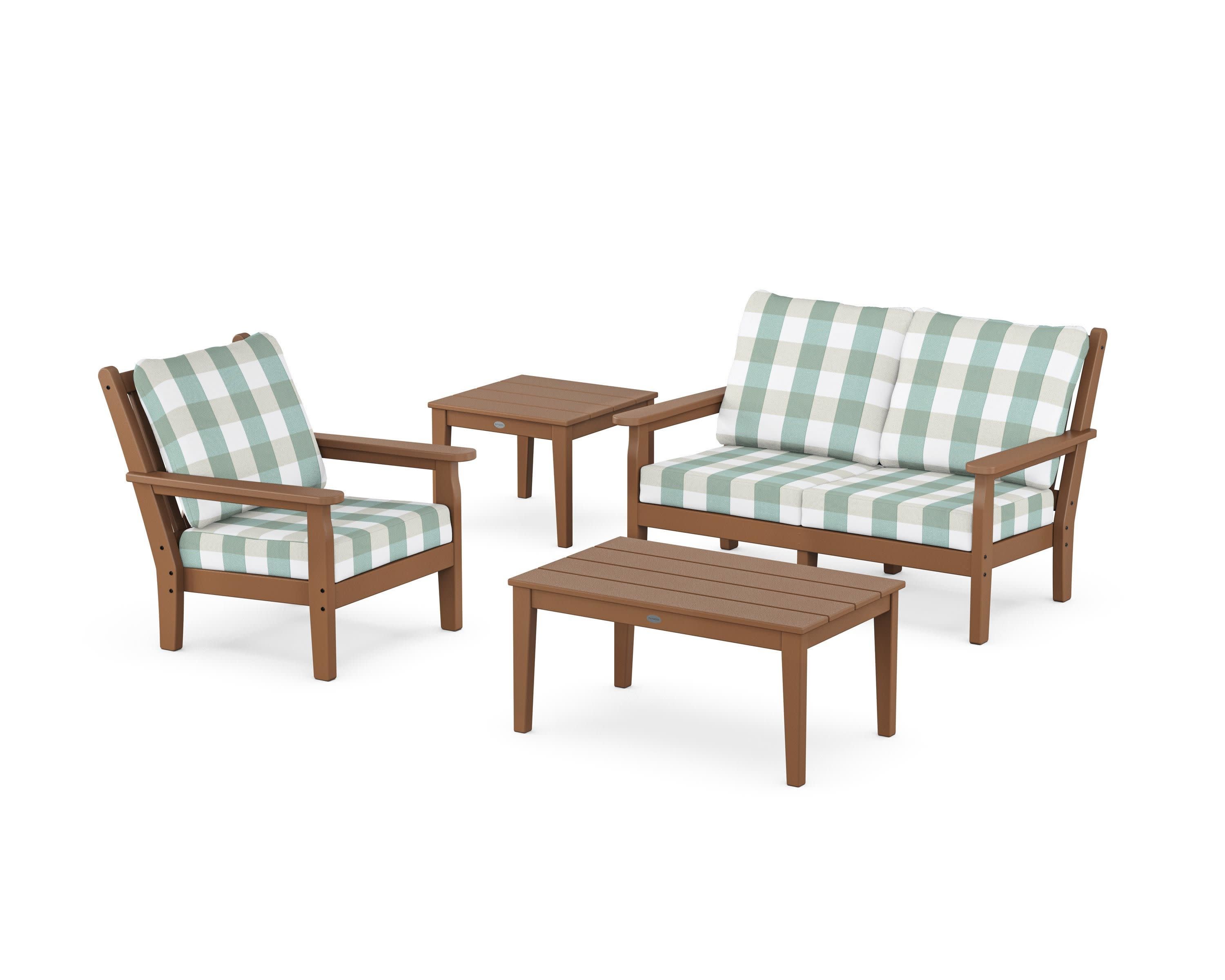 Chippendale 4-Piece Deep Seating Set in Teak / Buffalo Plaid Glacier Spa