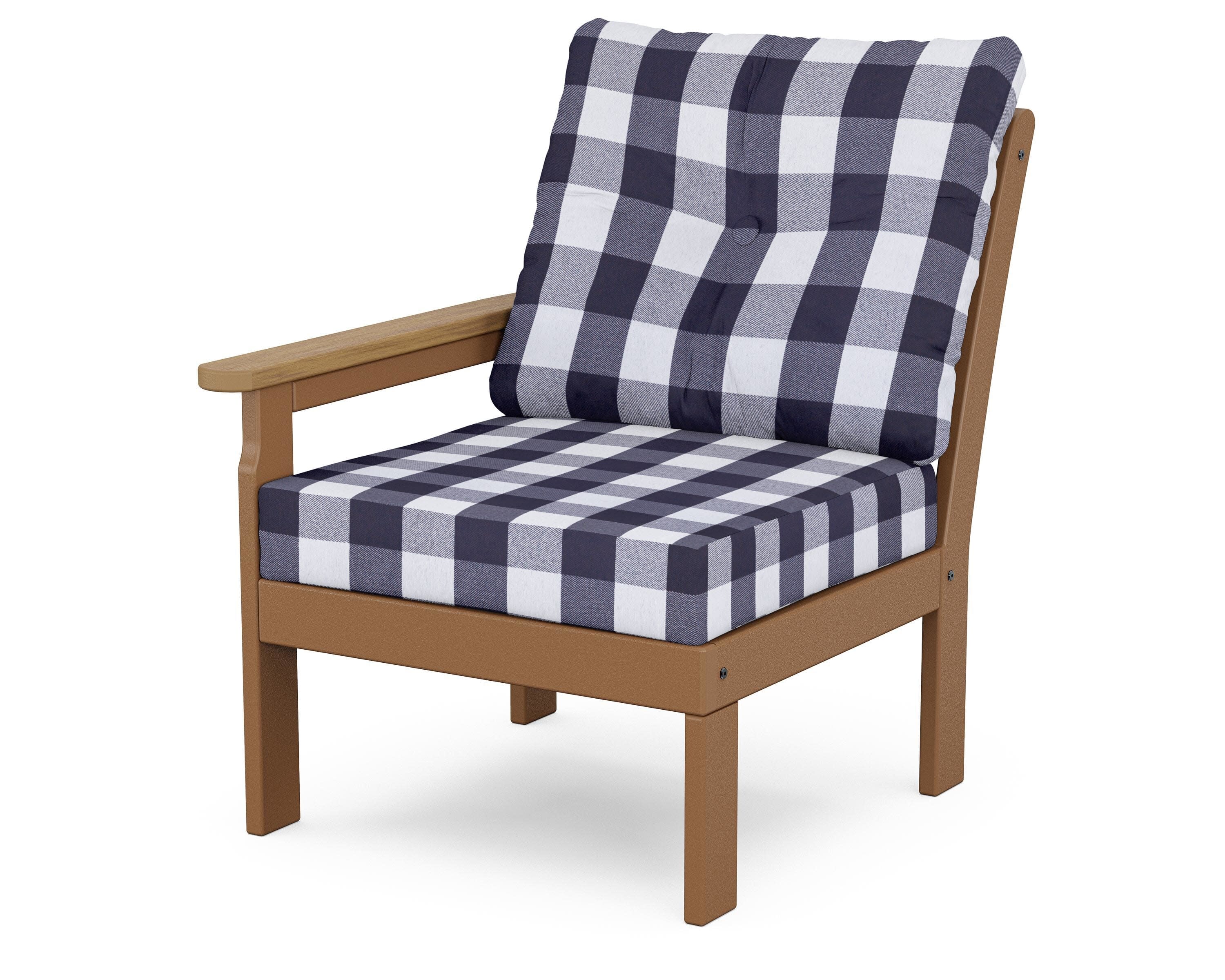 Vineyard Modular Left Arm Chair in Teak / Natural / Buffalo Plaid Navy