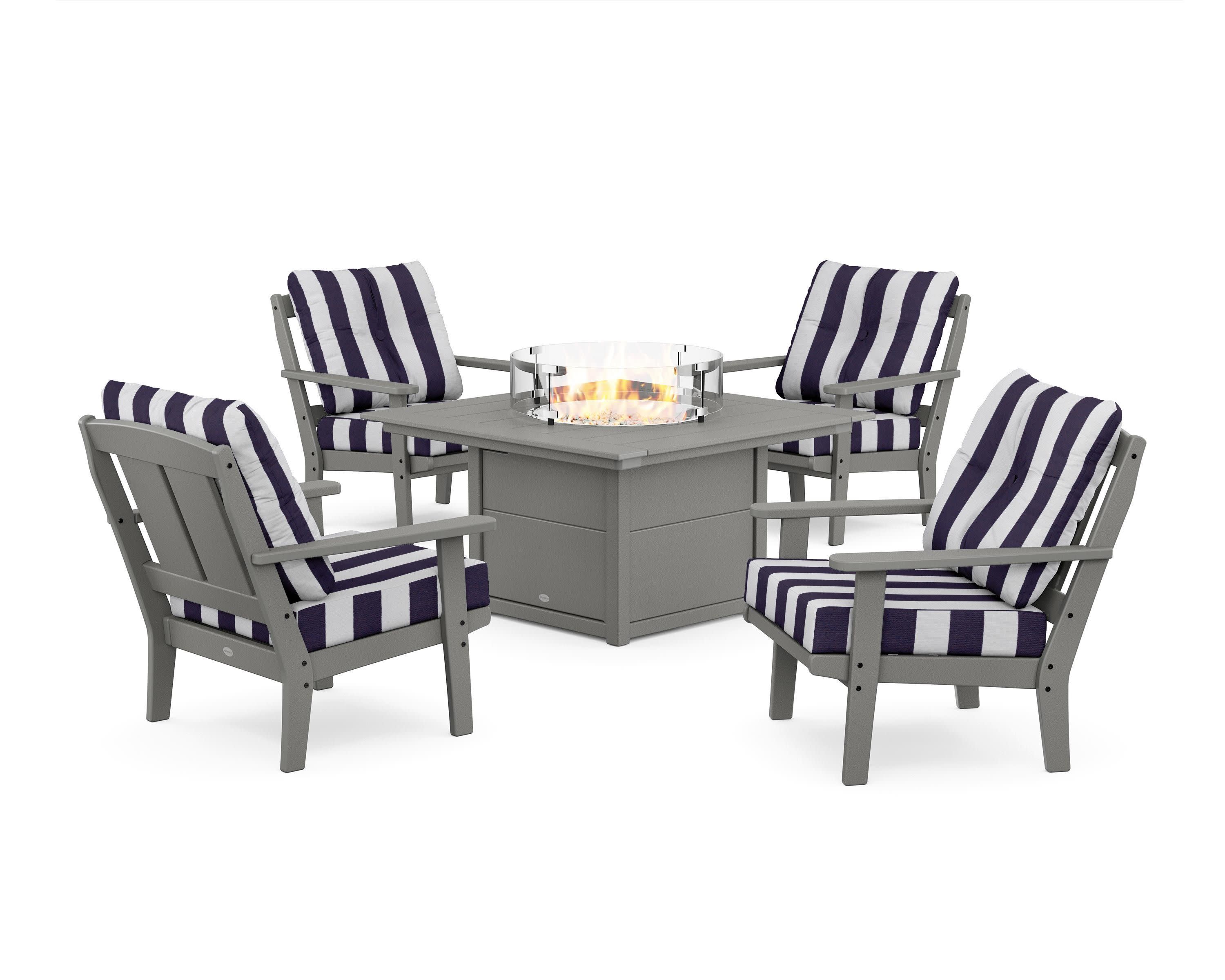 Mission 5-Piece Deep Seating Set with Fire Pit Table in Slate Grey / Cabana Stripe Navy
