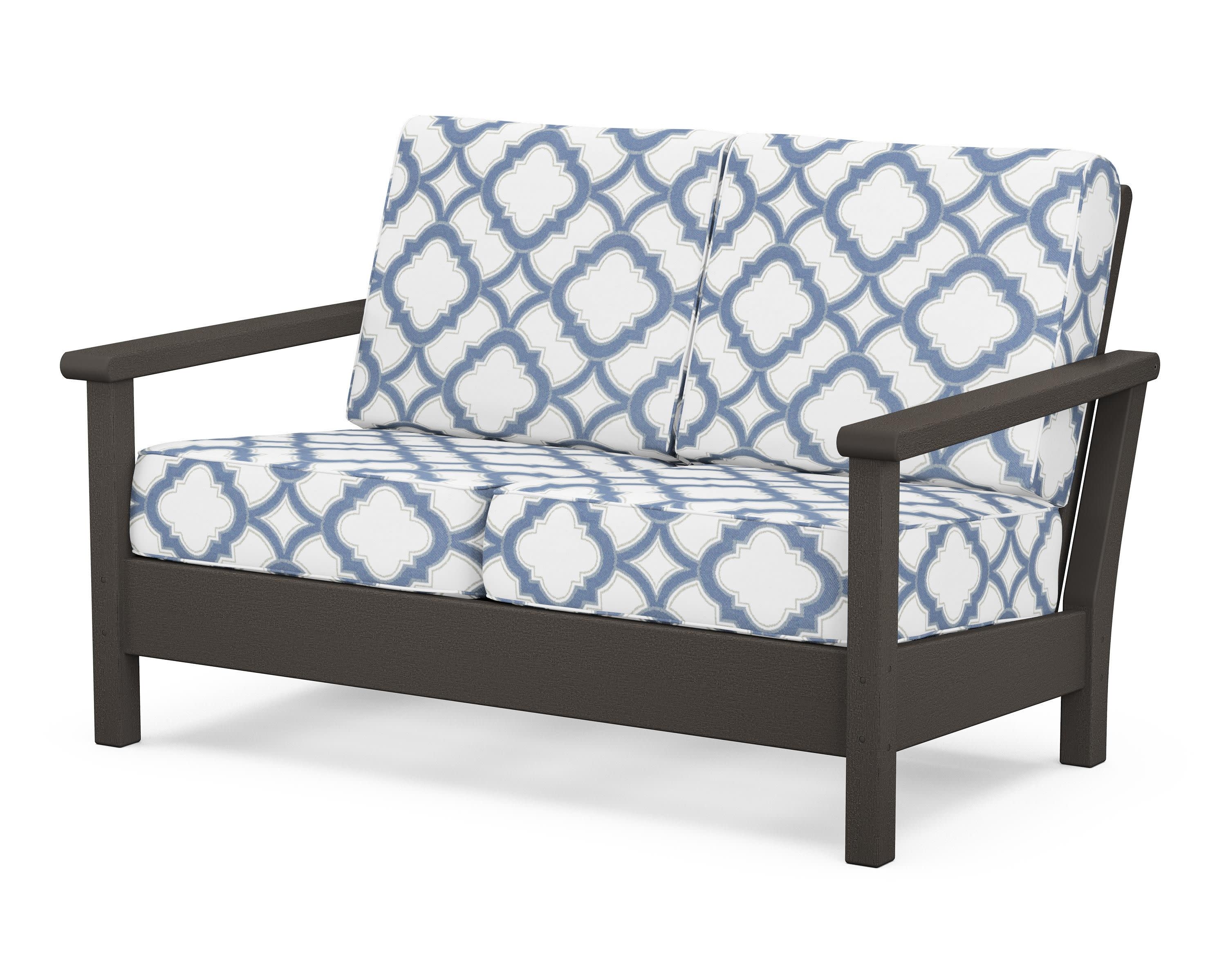Harbour Deep Seating Loveseat in Vintage Coffee / Trellis Sky Blue