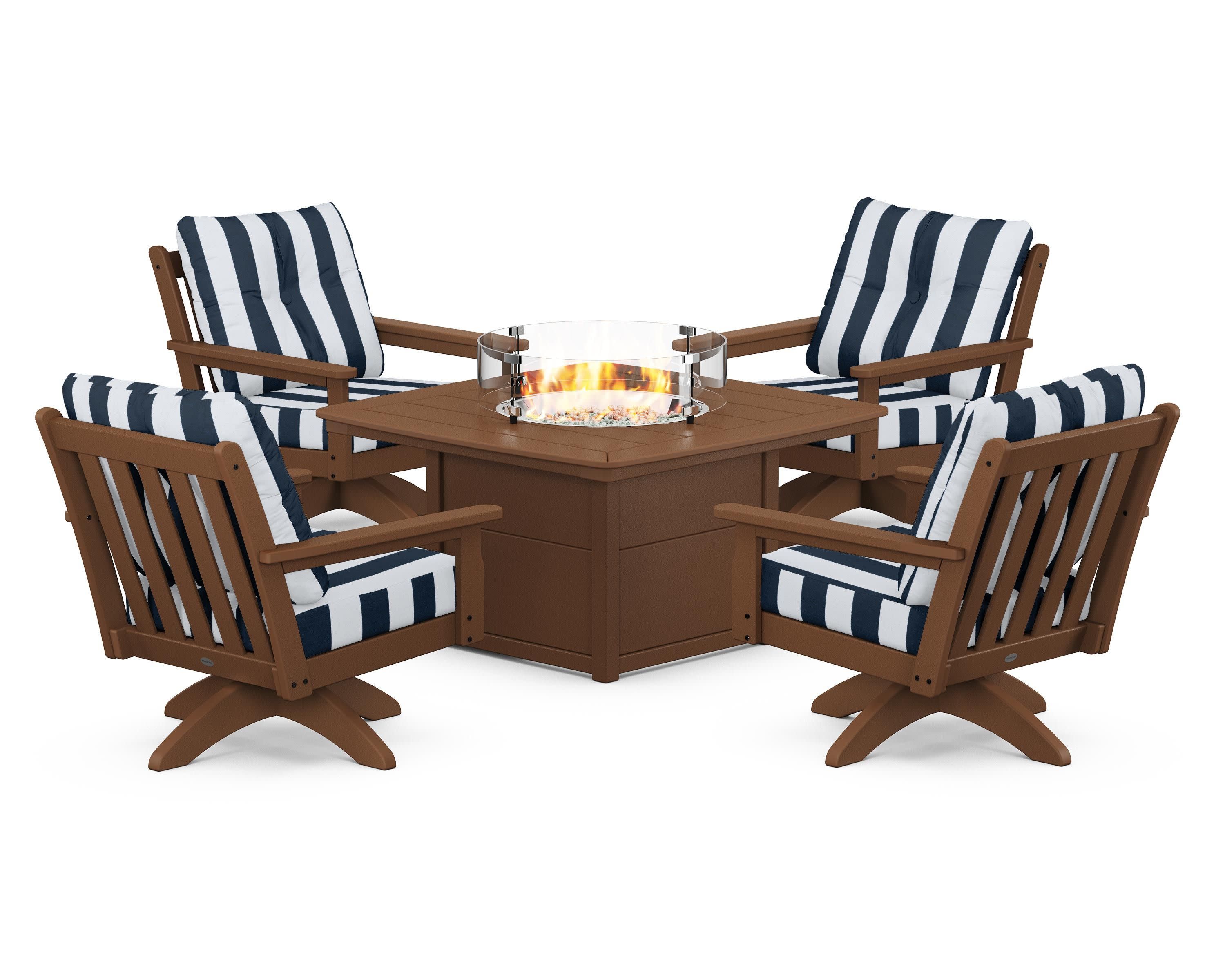 Vineyard 5-Piece Deep Seating Swivel Conversation Set with Fire Pit Table in Teak / Cabana Stripe Marine Indigo