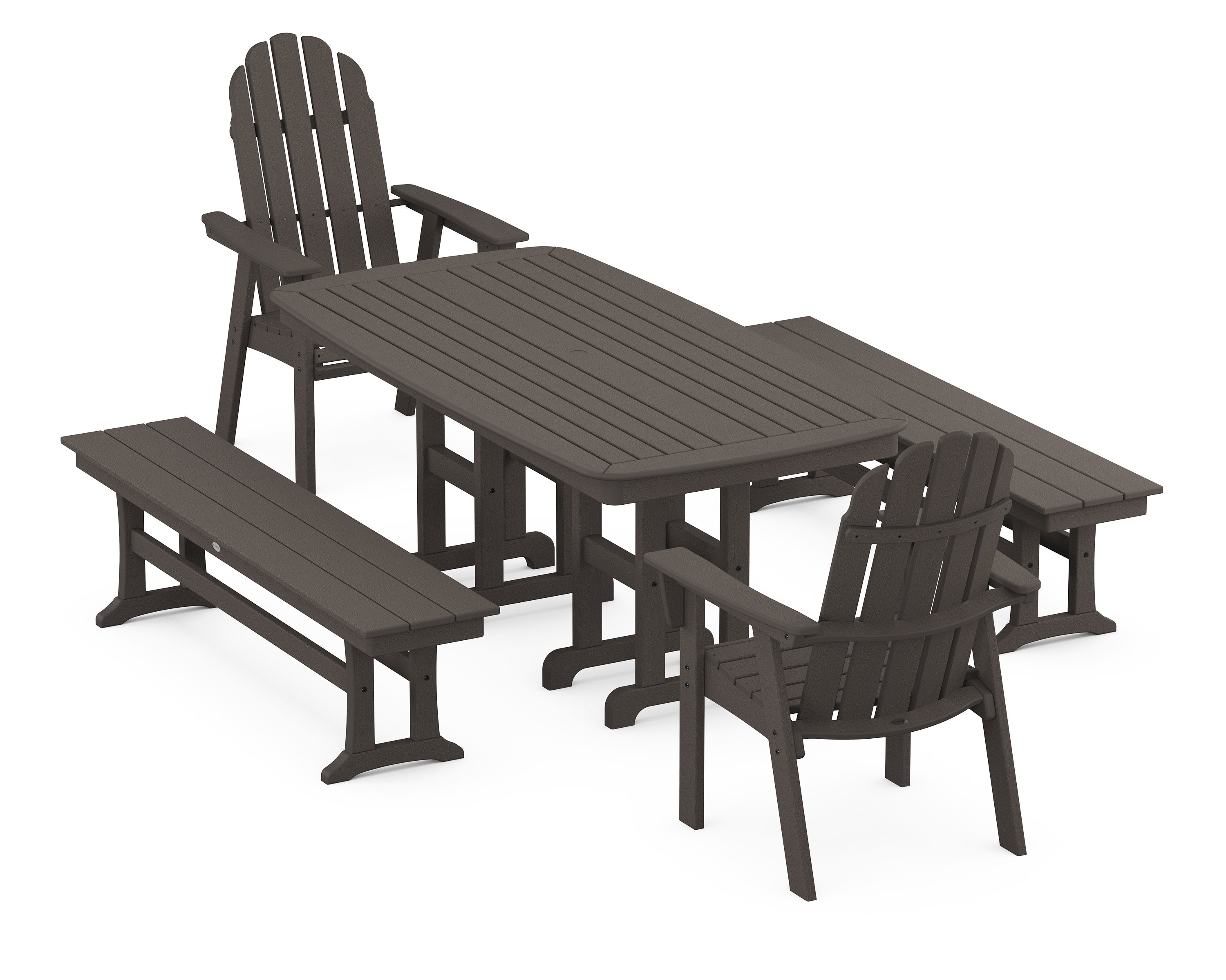 Vineyard Adirondack 5-Piece Dining Set with Benches in Vintage Coffee