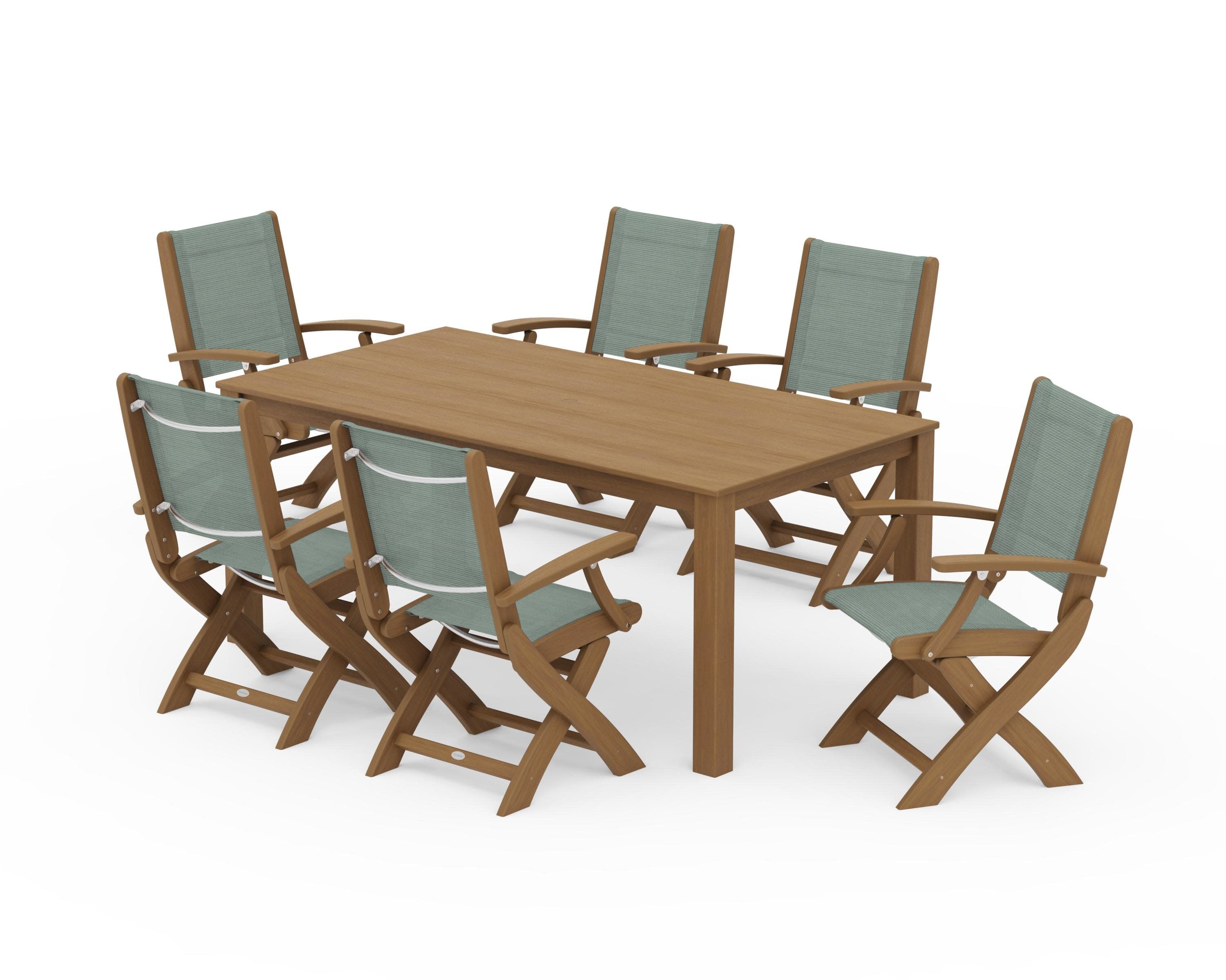 Coastal Folding Chair 7-Piece Parsons Dining Set in Natural / Dupioni Sea Mist Sling