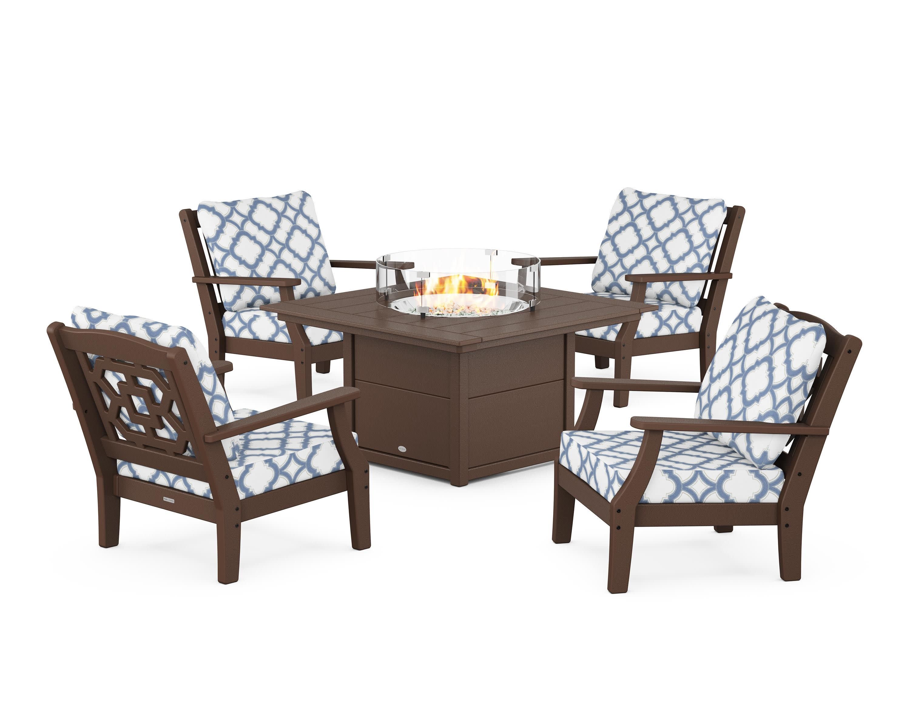 Chinoiserie 5-Piece Deep Seating Set with Fire Pit Table in Mahogany / Trellis Sky Blue