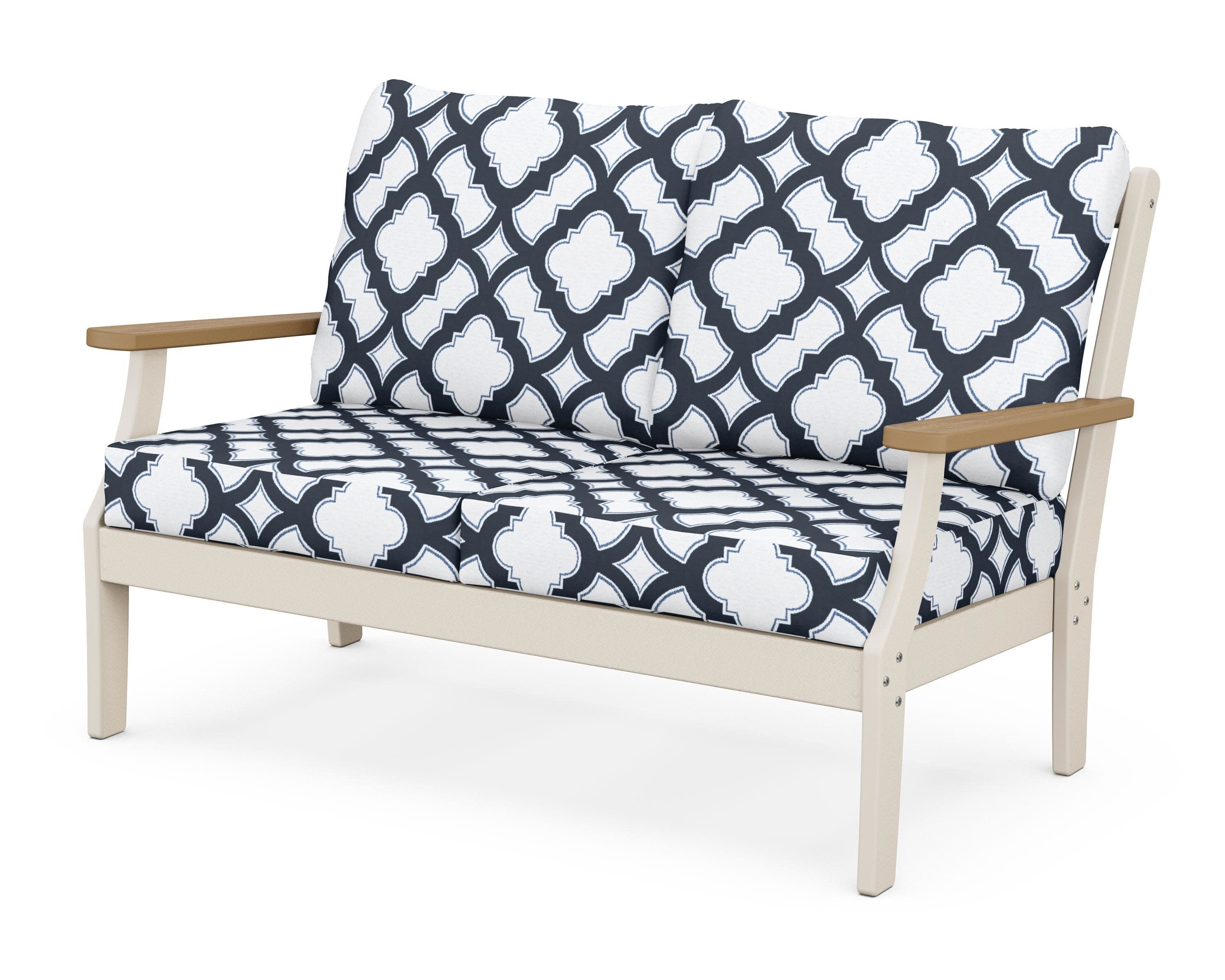 Braxton Deep Seating Loveseat in Sand / Natural / Trellis Marine Indigo