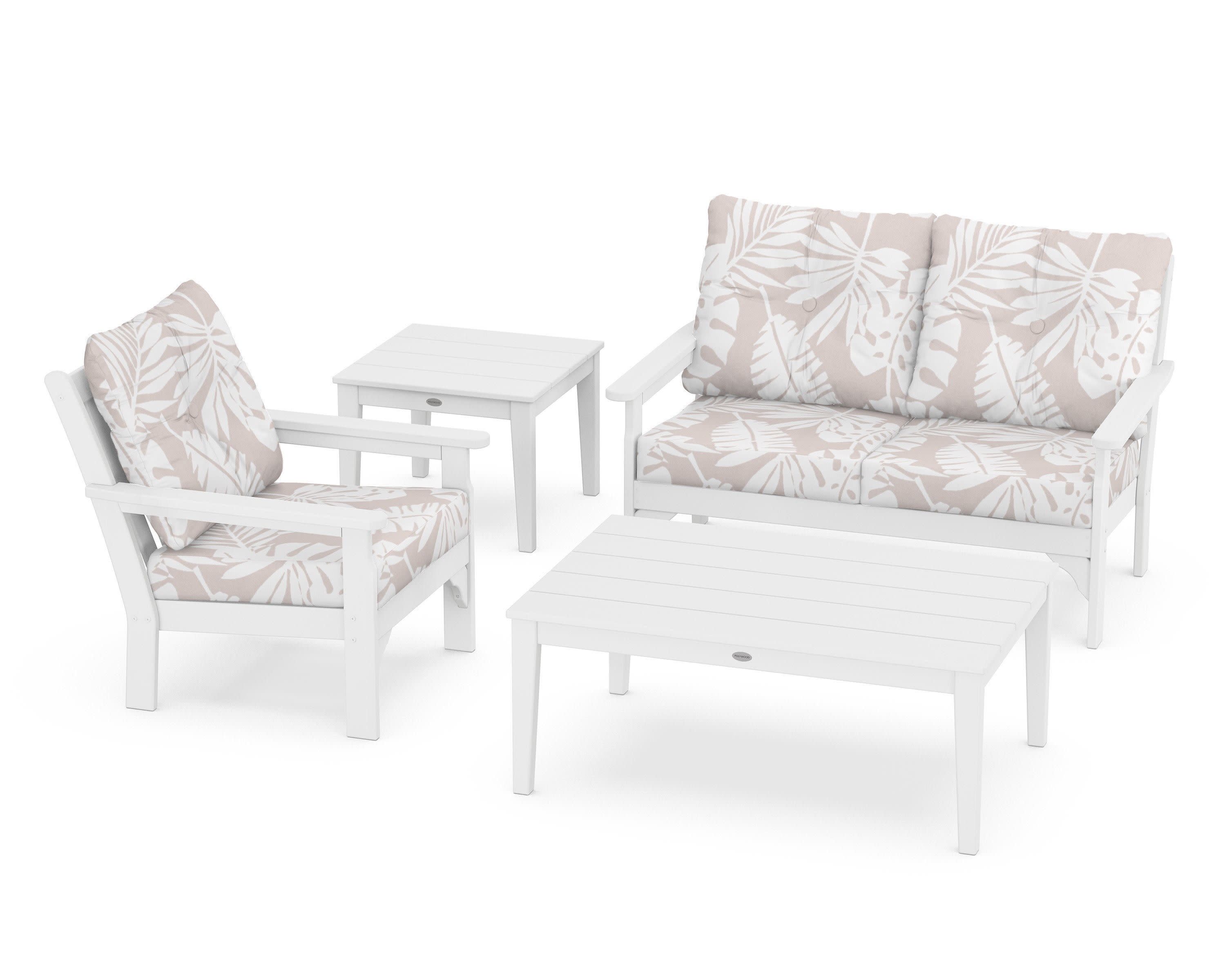 Vineyard 4-Piece Deep Seating Set in White / Leaf Dune Burlap