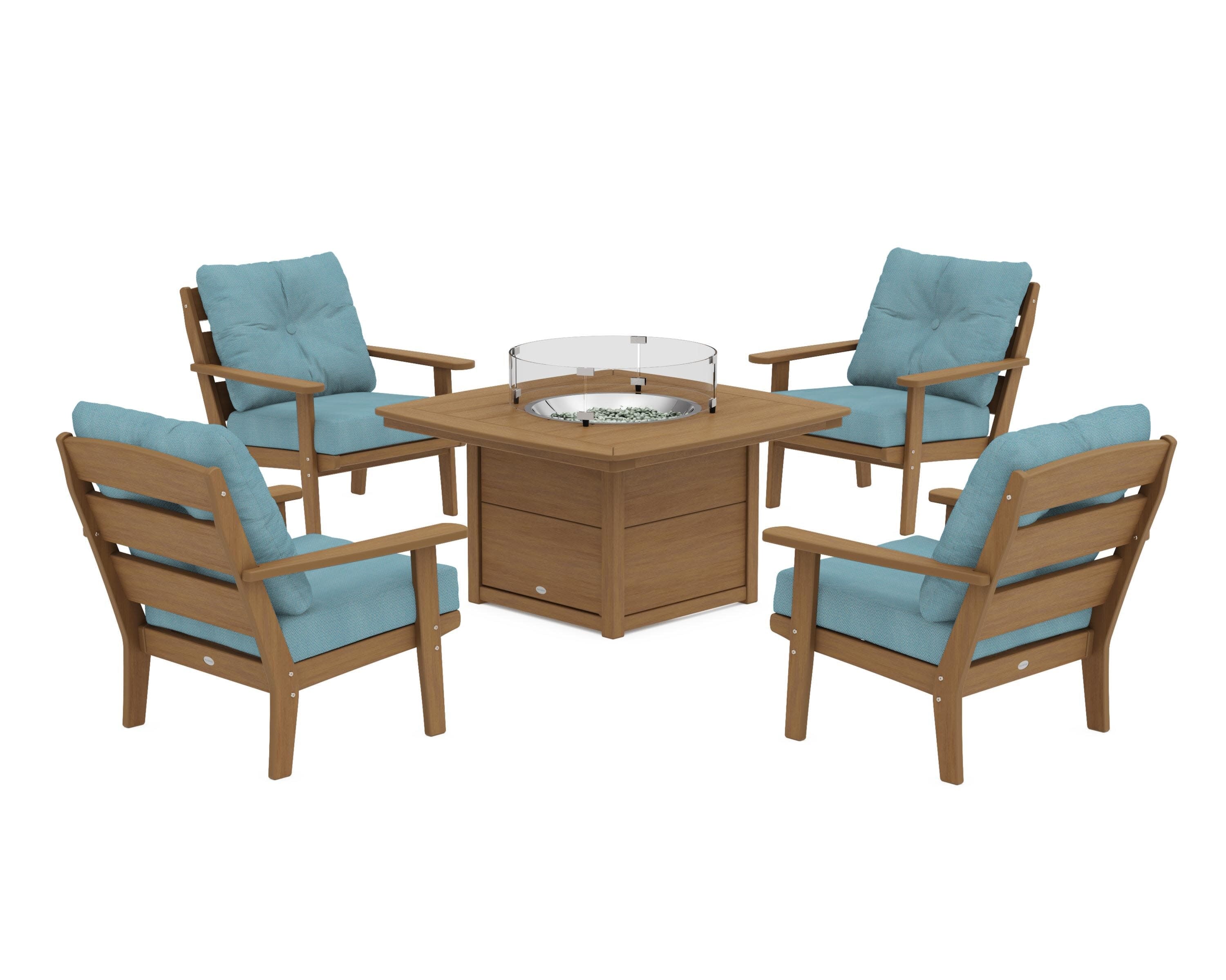 Lakeside 5-Piece Deep Seating Set with Nautical Fire Pit Table in Natural / Lattice Sky Blue