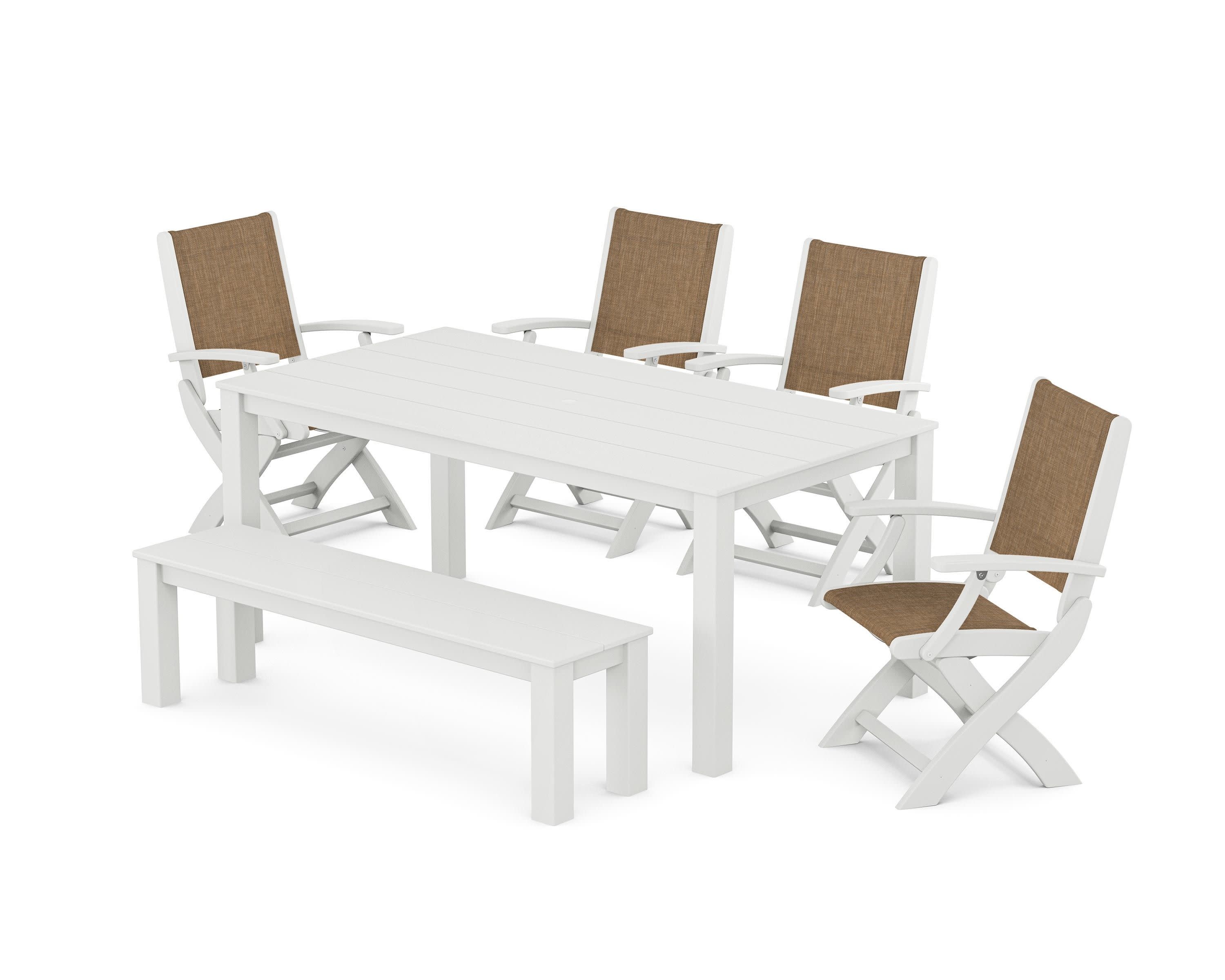 Coastal Folding Chair 6-Piece Parsons Dining Set with Bench in White / Burlap Sling
