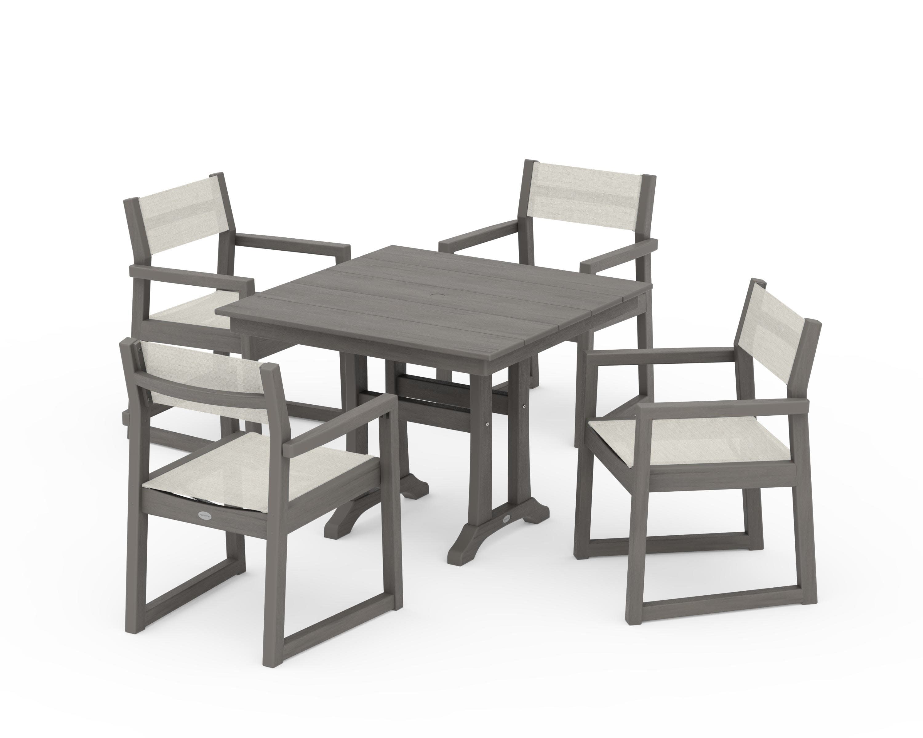 EDGE Sling 5-Piece Farmhouse Dining Set with Trestle Legs in Driftwood / Parchment Sling