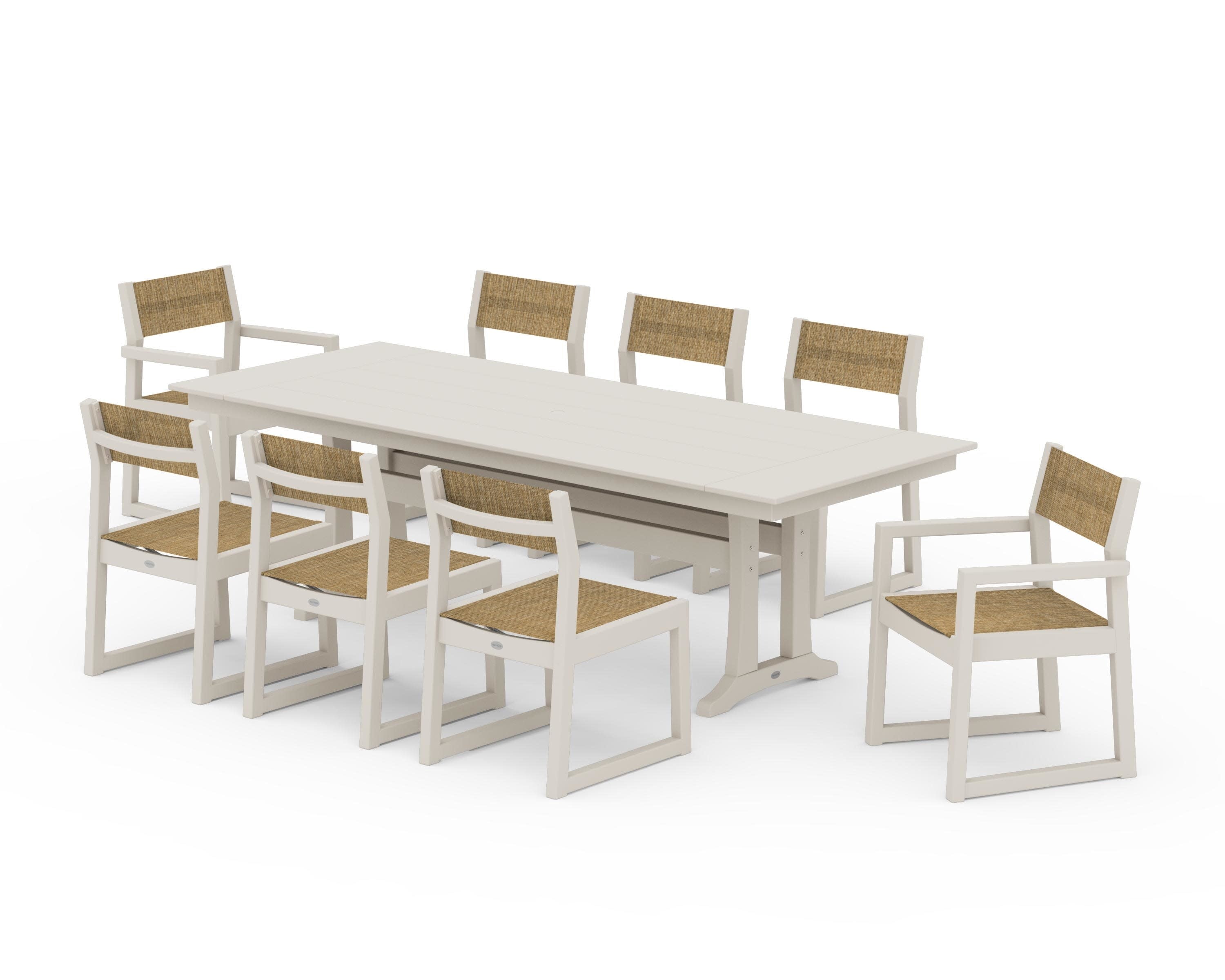 EDGE Sling 9-Piece Farmhouse Trestle Dining Set in Sand / Burlap Sling