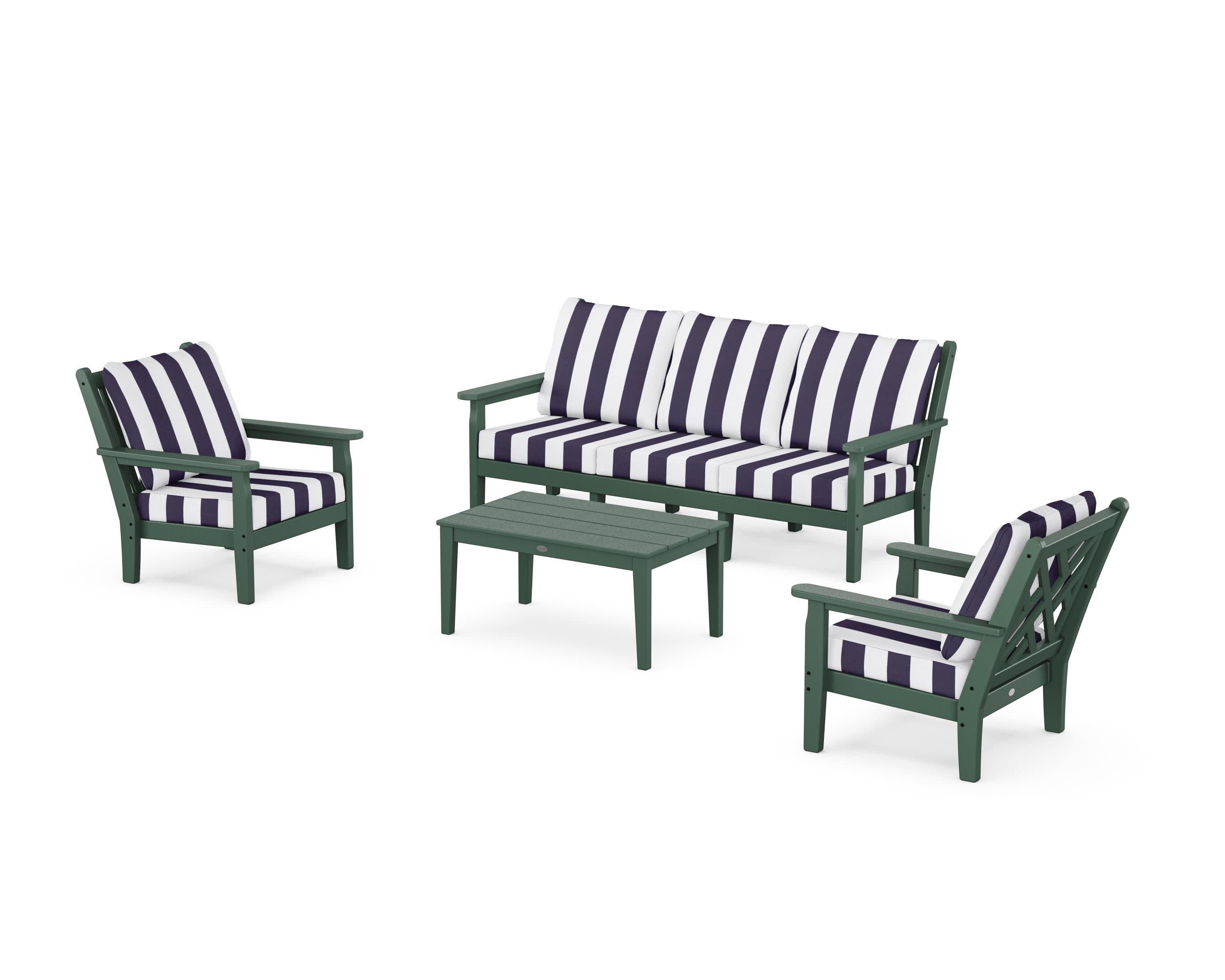 Chippendale 4-Piece Deep Seating Set with Sofa in Green / Cabana Stripe Navy