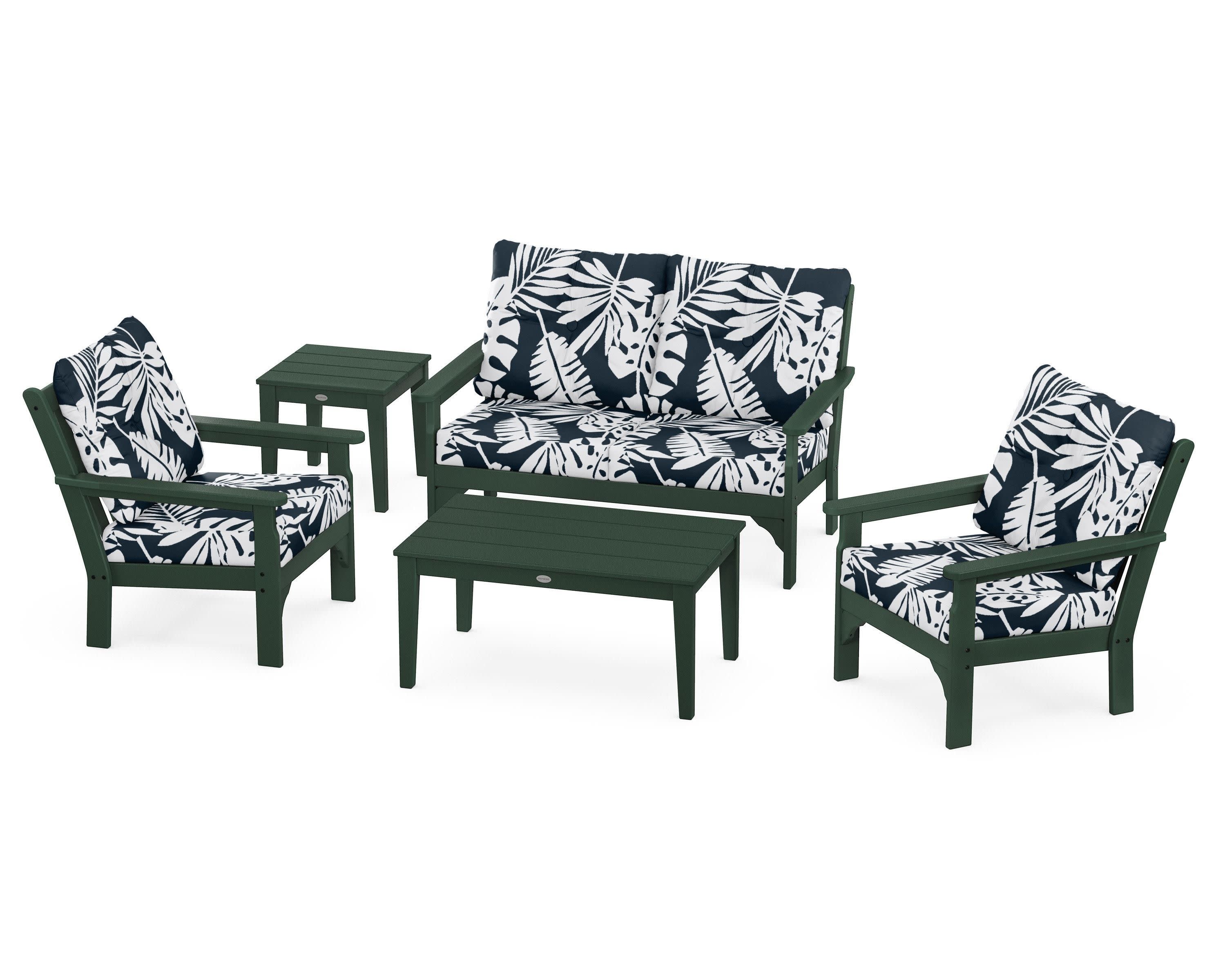 Vineyard 5-Piece Deep Seating Set in Green / Leaf Marine Indigo