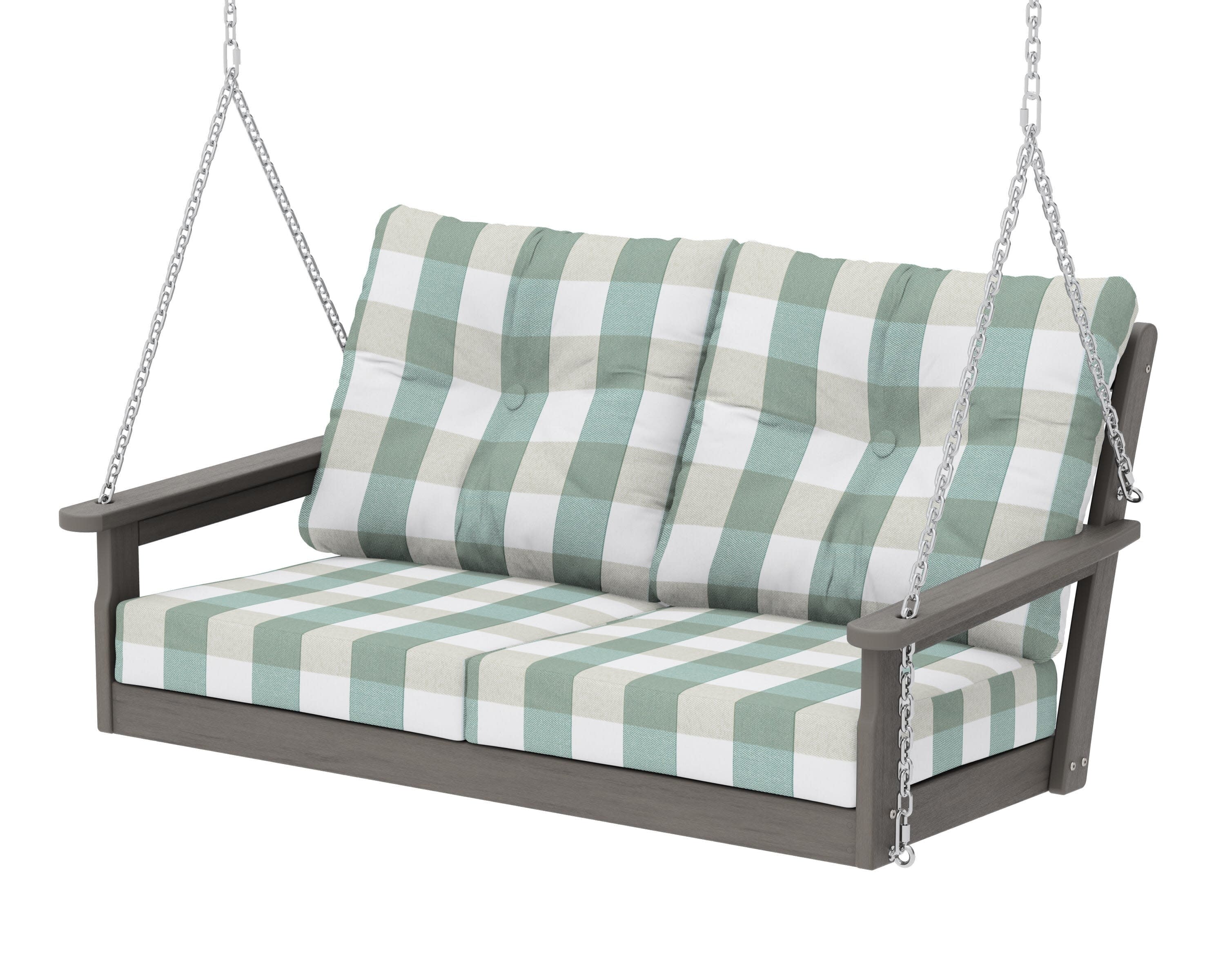 Vineyard Deep Seating Swing in Driftwood / Buffalo Plaid Glacier Spa