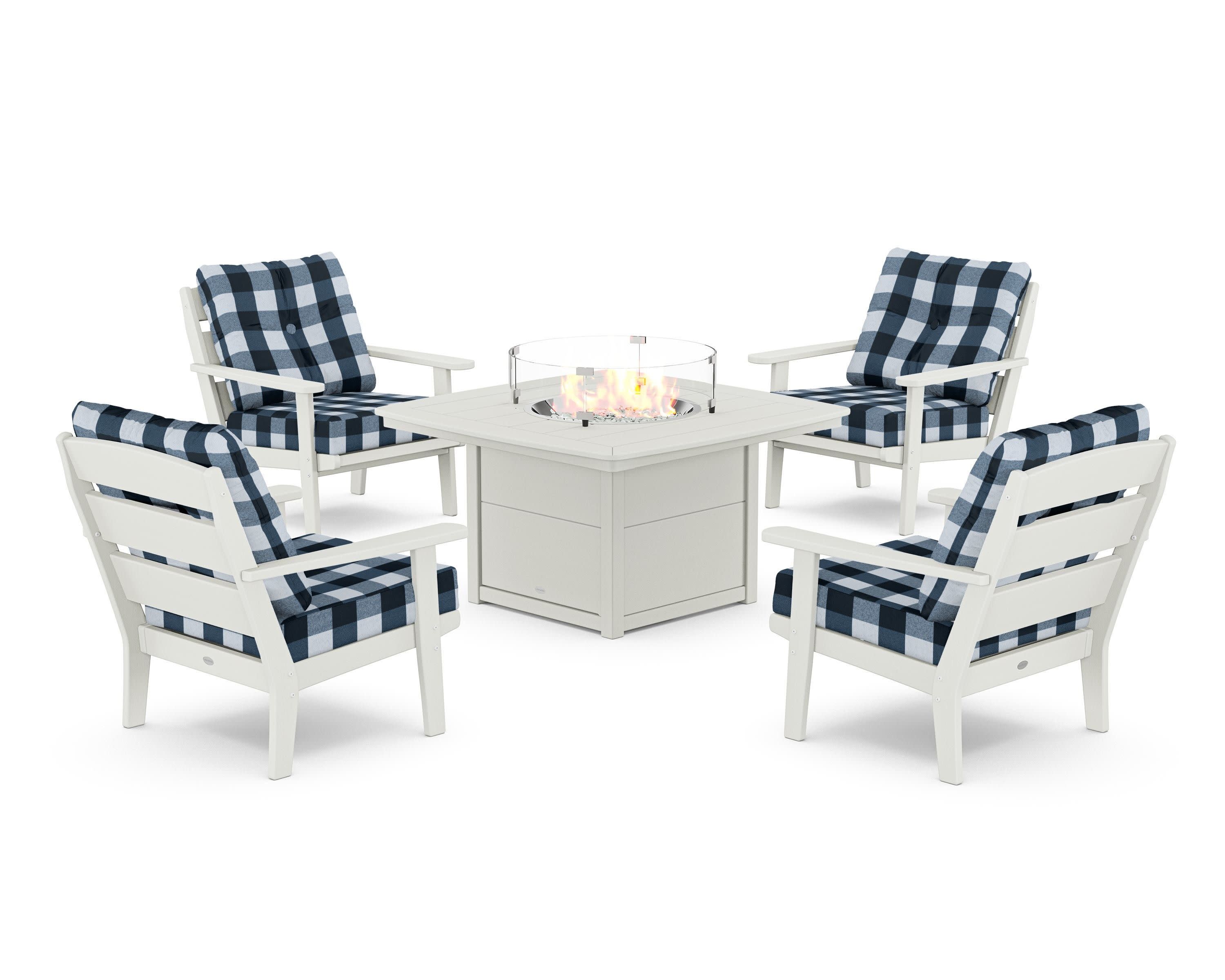 Lakeside 5-Piece Deep Seating Set with Nautical Fire Pit Table in Vintage White / Buffalo Plaid Marine Indigo