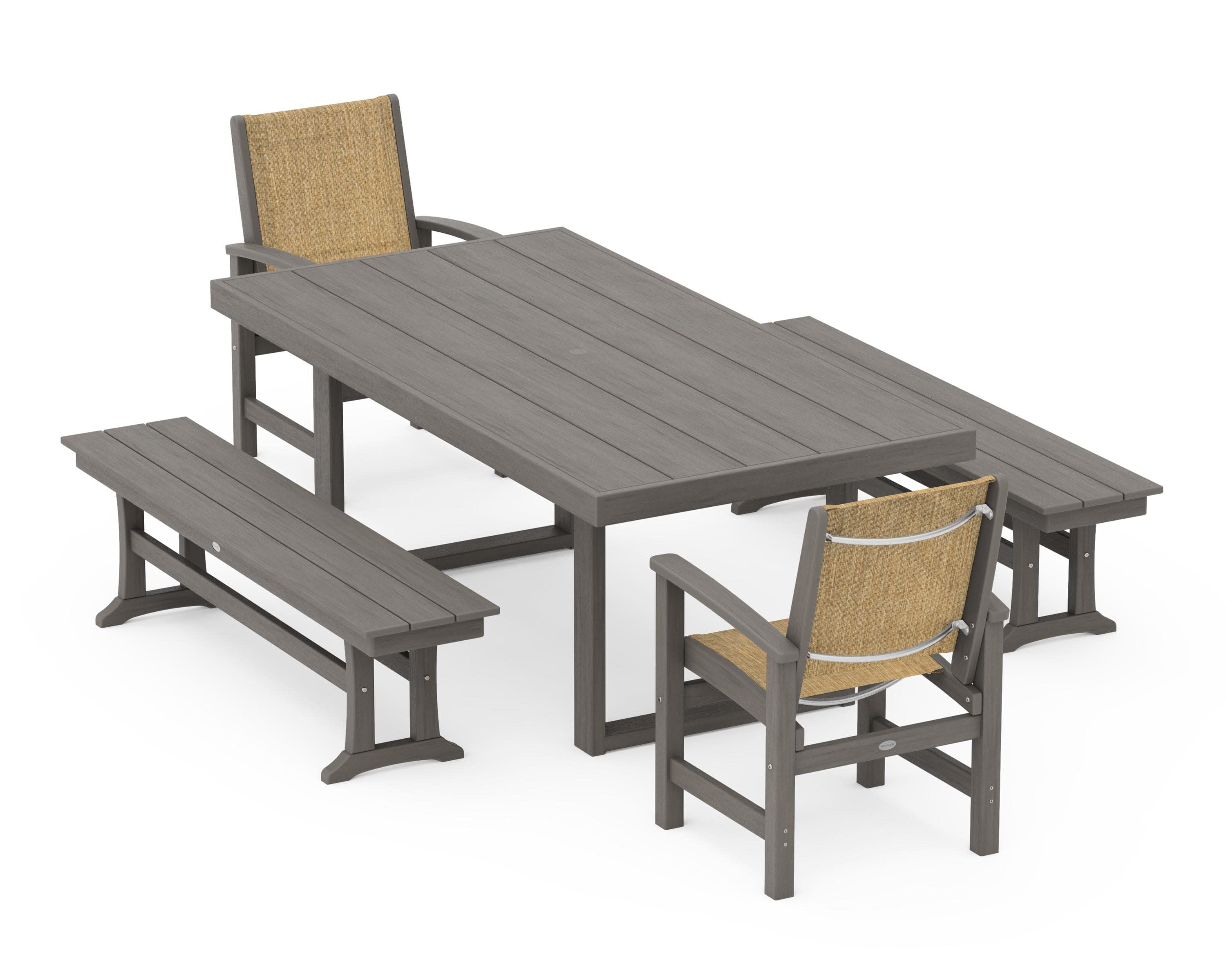 Coastal 5-Piece Dining Set with Trestle Legs in Driftwood / Burlap Sling