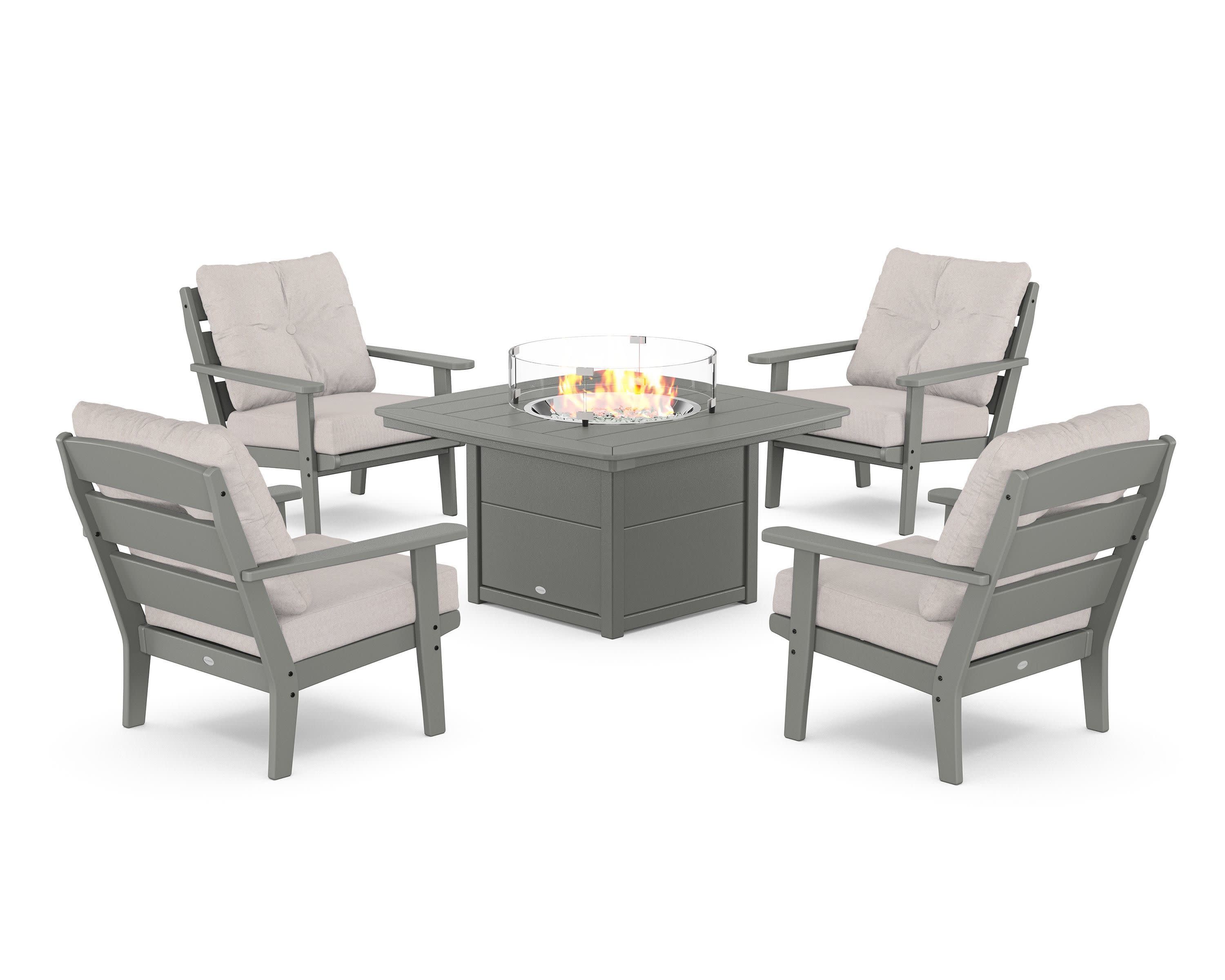 Lakeside 5-Piece Deep Seating Set with Nautical Fire Pit Table in Slate Grey / Dune Burlap