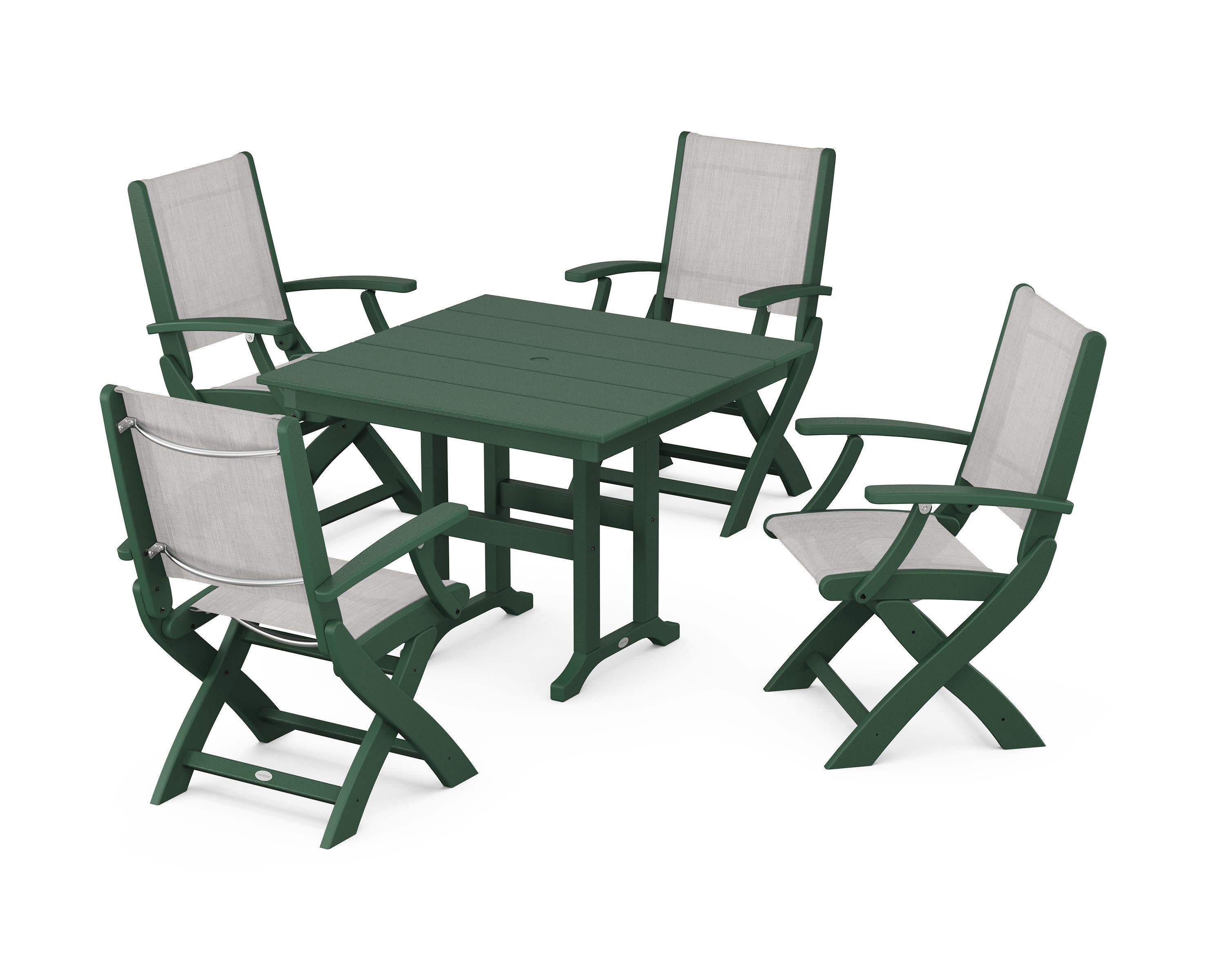 Coastal Folding Chair 5-Piece Farmhouse Dining Set in Green / Parchment Sling