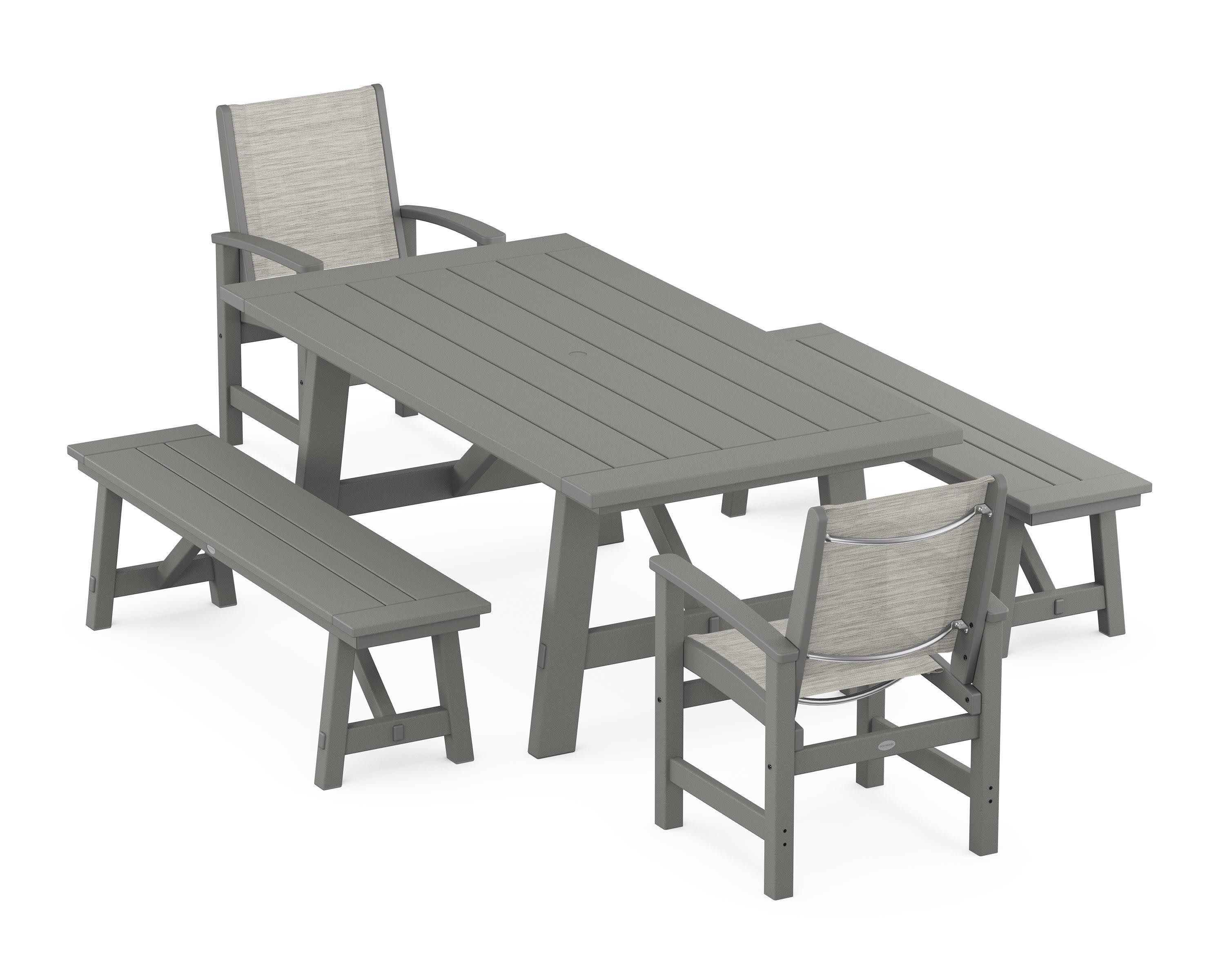 Coastal 5-Piece Rustic Farmhouse Dining Set With Benches in Slate Grey / Birch Sling