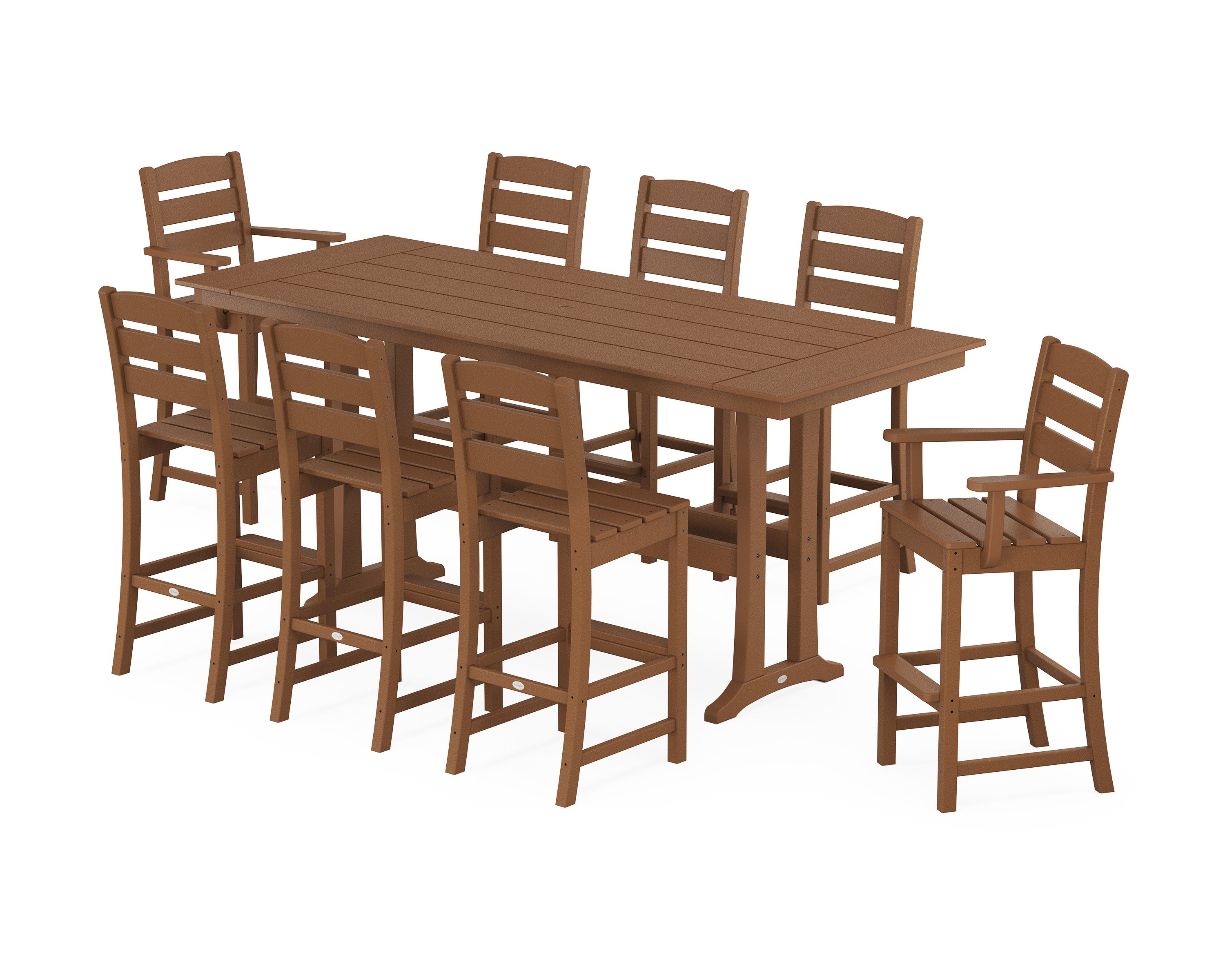 Lakeside 9-Piece Farmhouse Bar Set with Trestle Legs in Teak