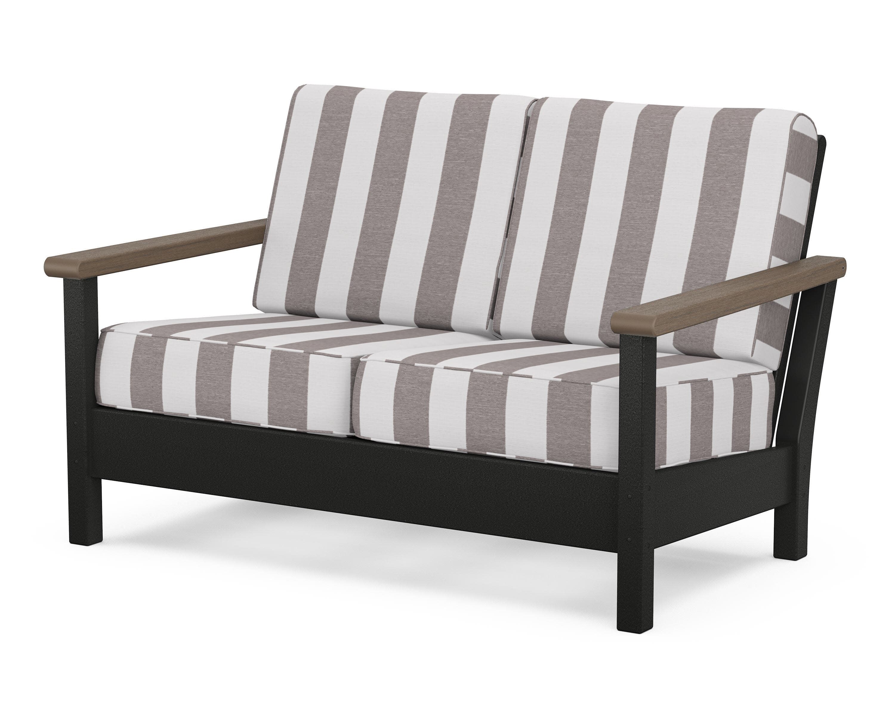 Harbour Deep Seating Loveseat in Black / Kona / Cabana Stripe Grey Mist