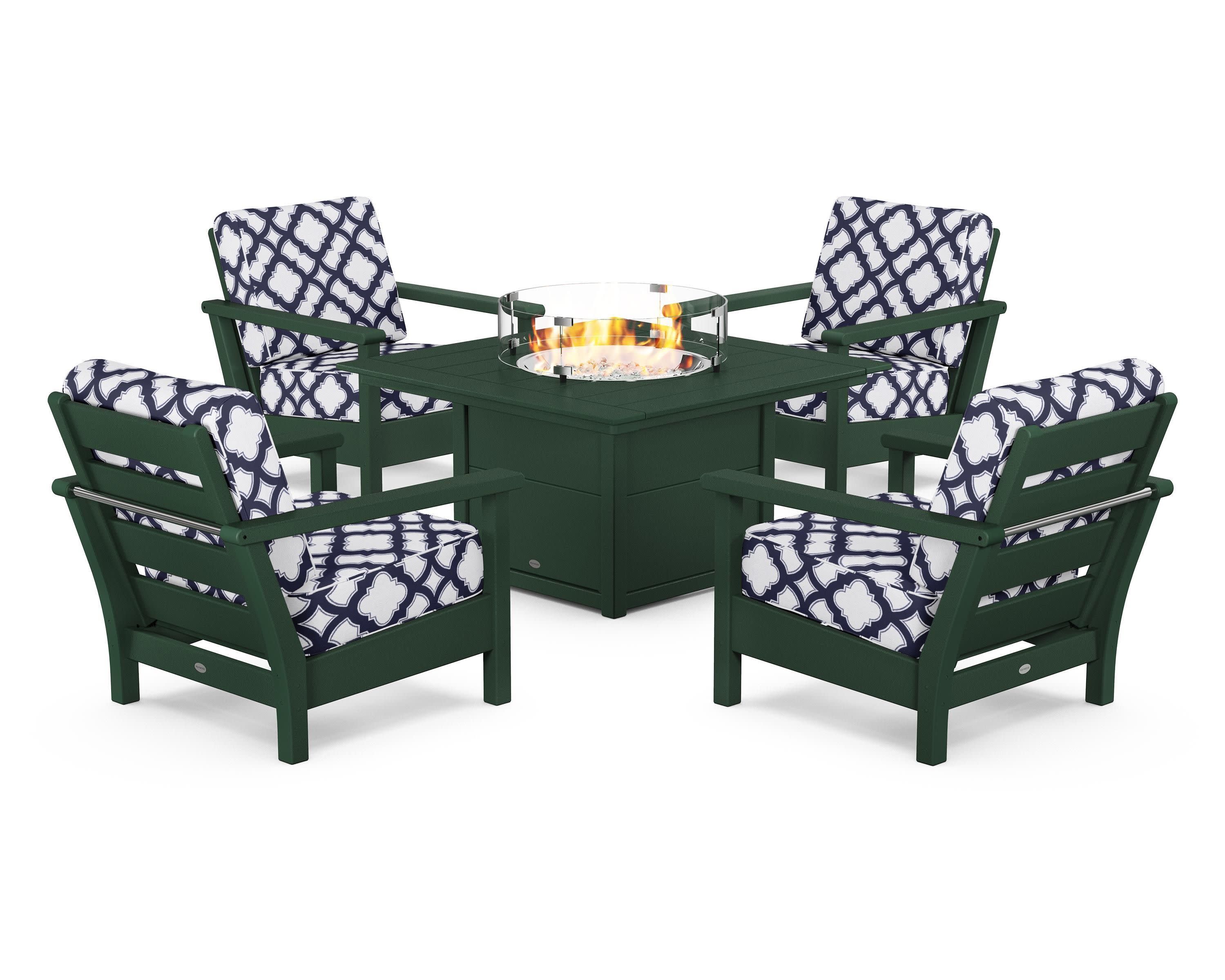 Harbour 5-Piece Conversation Set with Fire Pit Table in Green / Trellis Navy