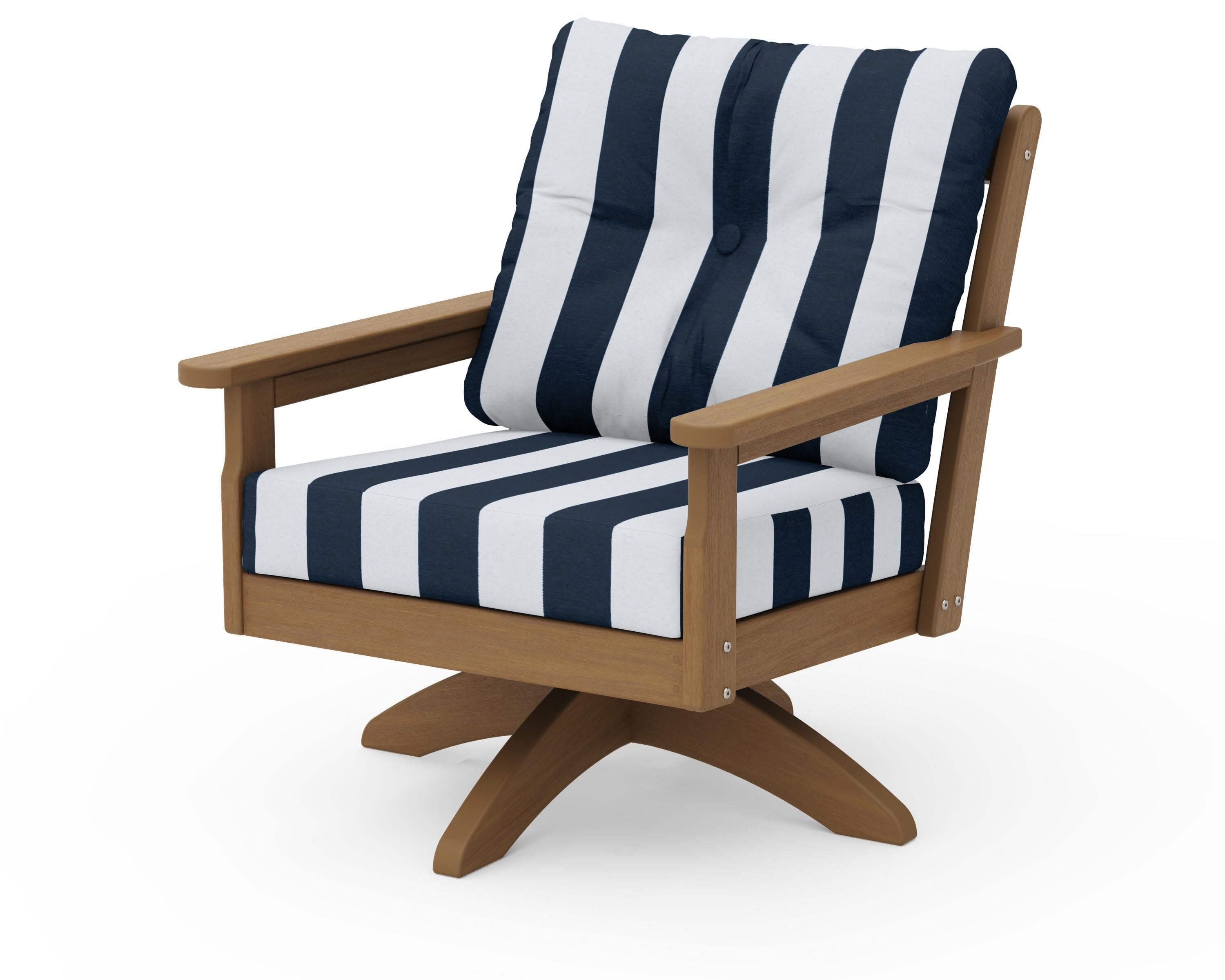 Vineyard Deep Seating Swivel Chair in Natural / Cabana Stripe Marine Indigo