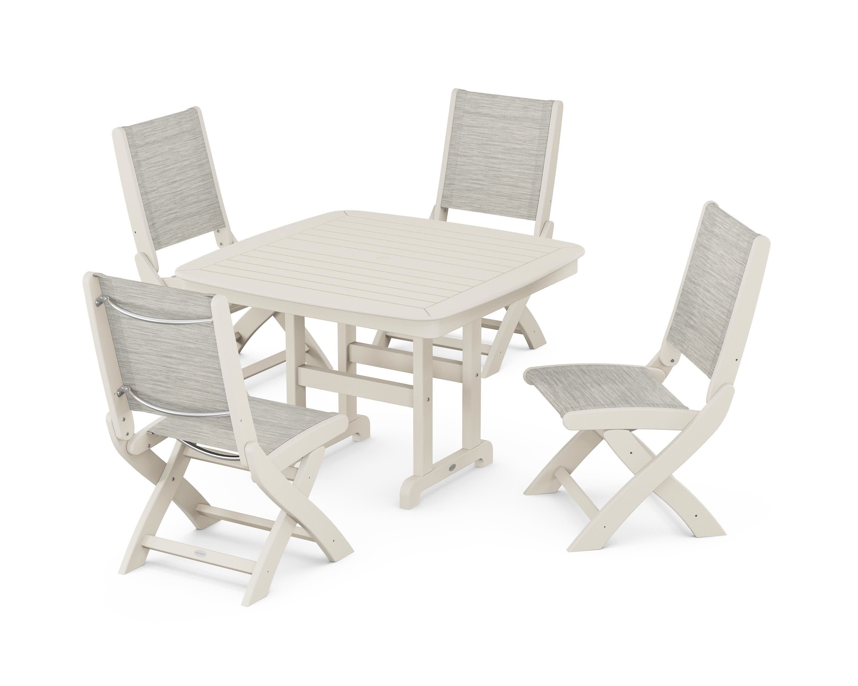 Coastal Folding Side Chair 5-Piece Dining Set in Sand / Birch Sling