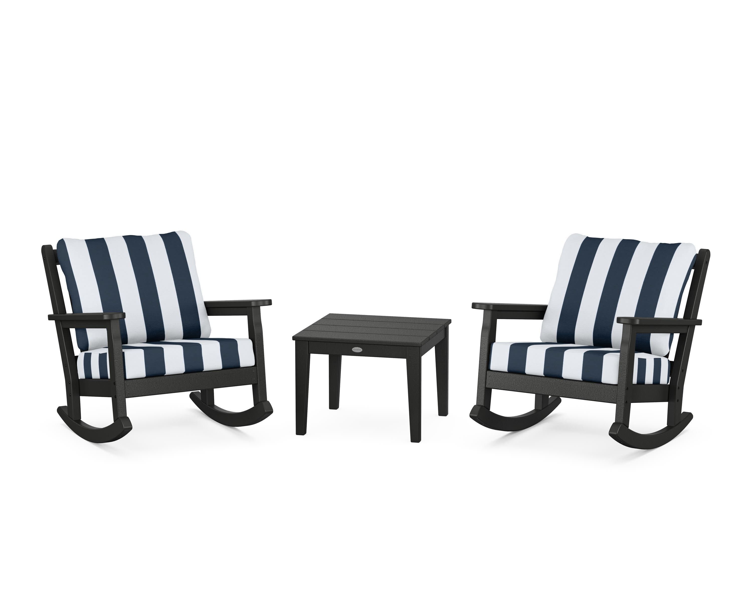 Chippendale 3-Piece Deep Seating Rocker Set in Black / Cabana Stripe Marine Indigo