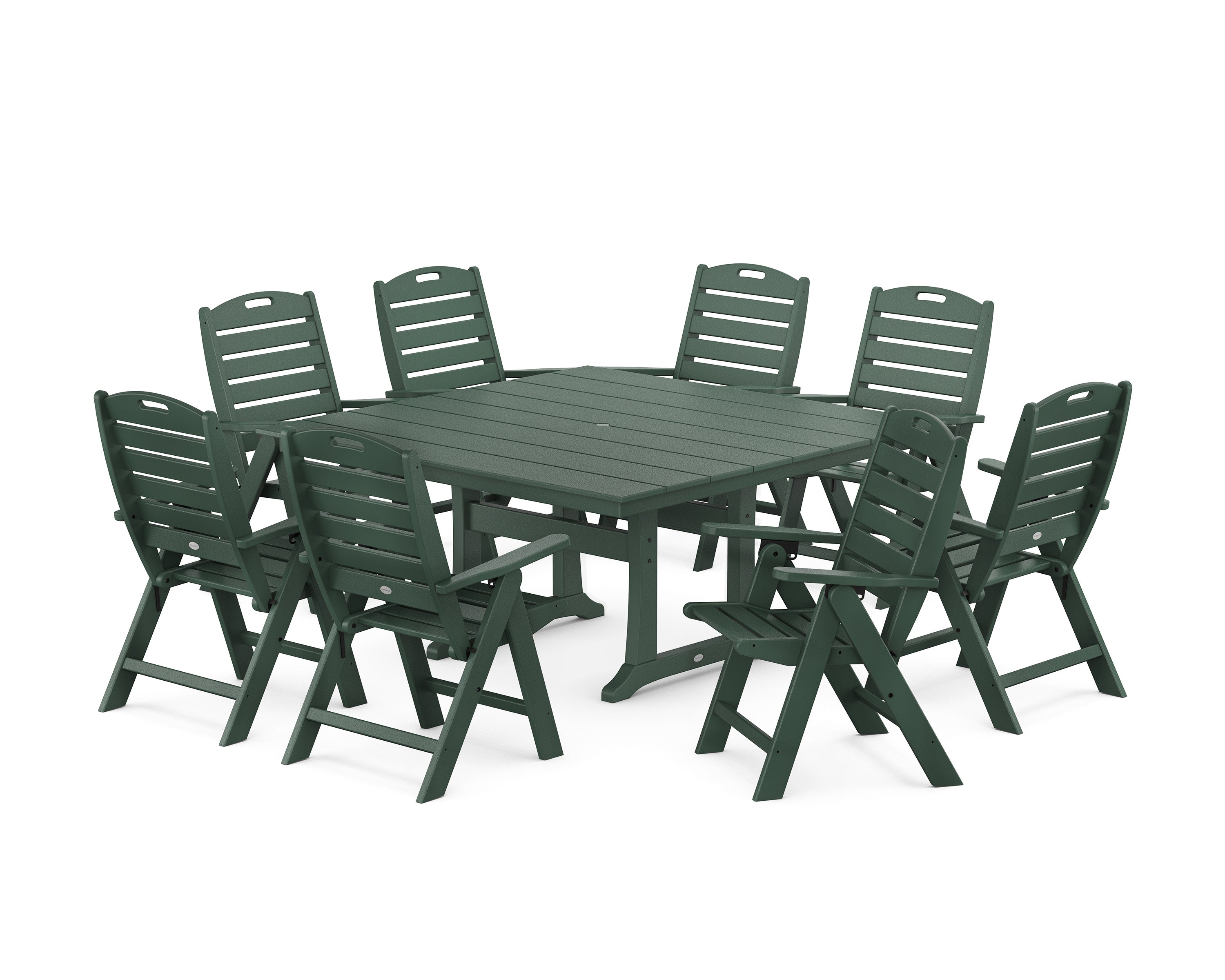 Nautical Highback 9-Piece Square Farmhouse Dining Set with Trestle Legs in Green