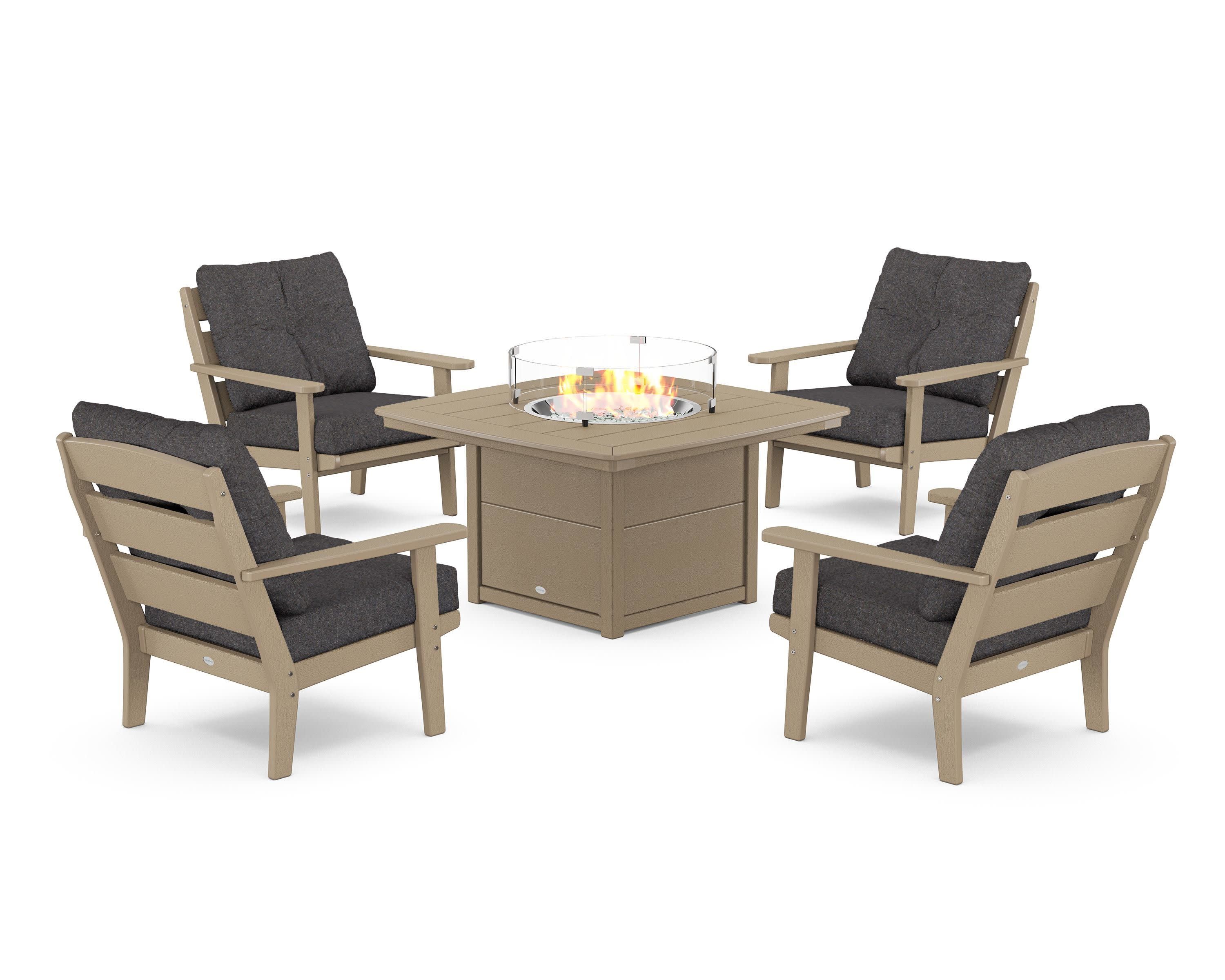 Lakeside 5-Piece Deep Seating Set with Nautical Fire Pit Table in Vintage Sahara / Ash Charcoal
