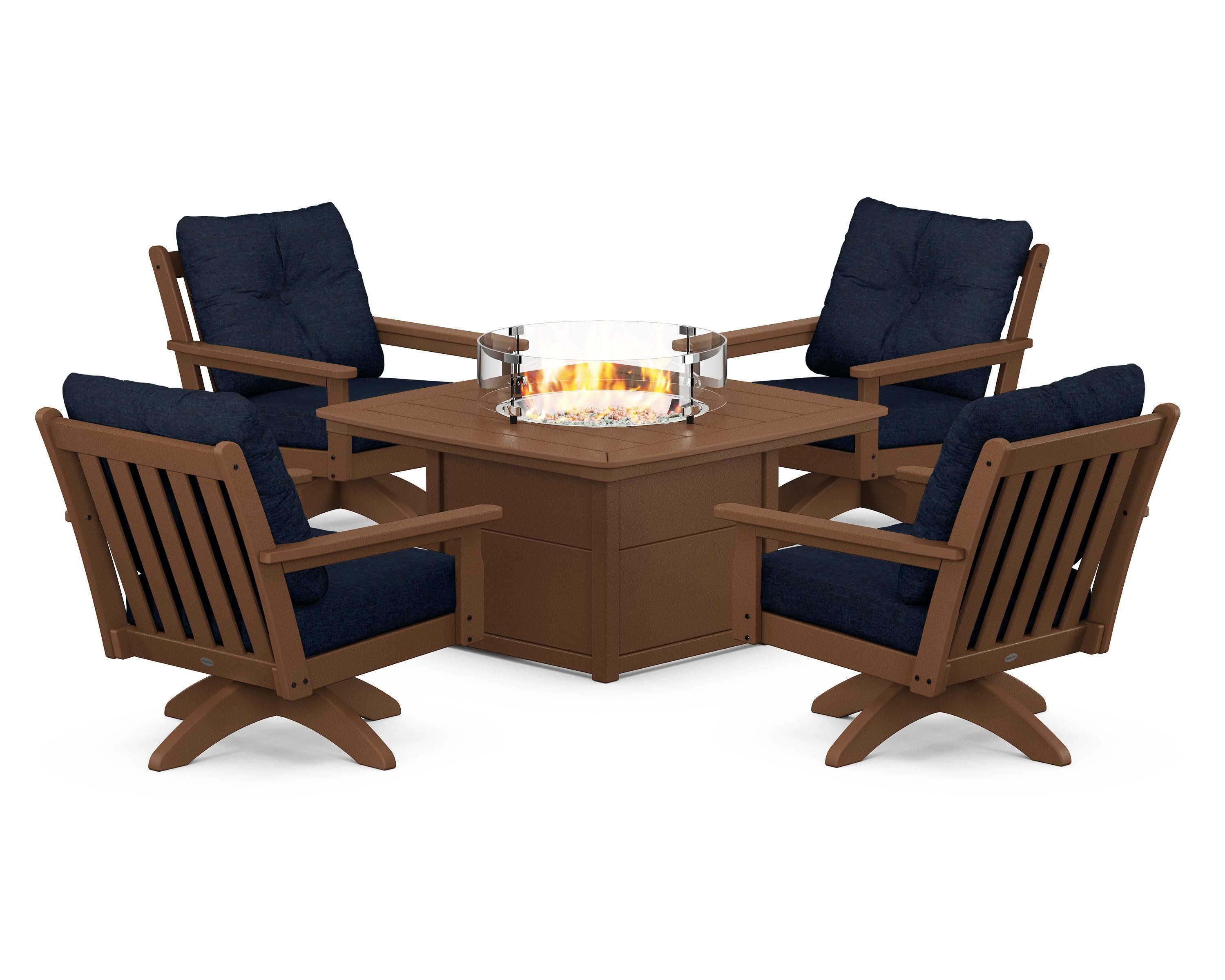 Vineyard 5-Piece Deep Seating Swivel Conversation Set with Fire Pit Table in Teak / Marine Indigo