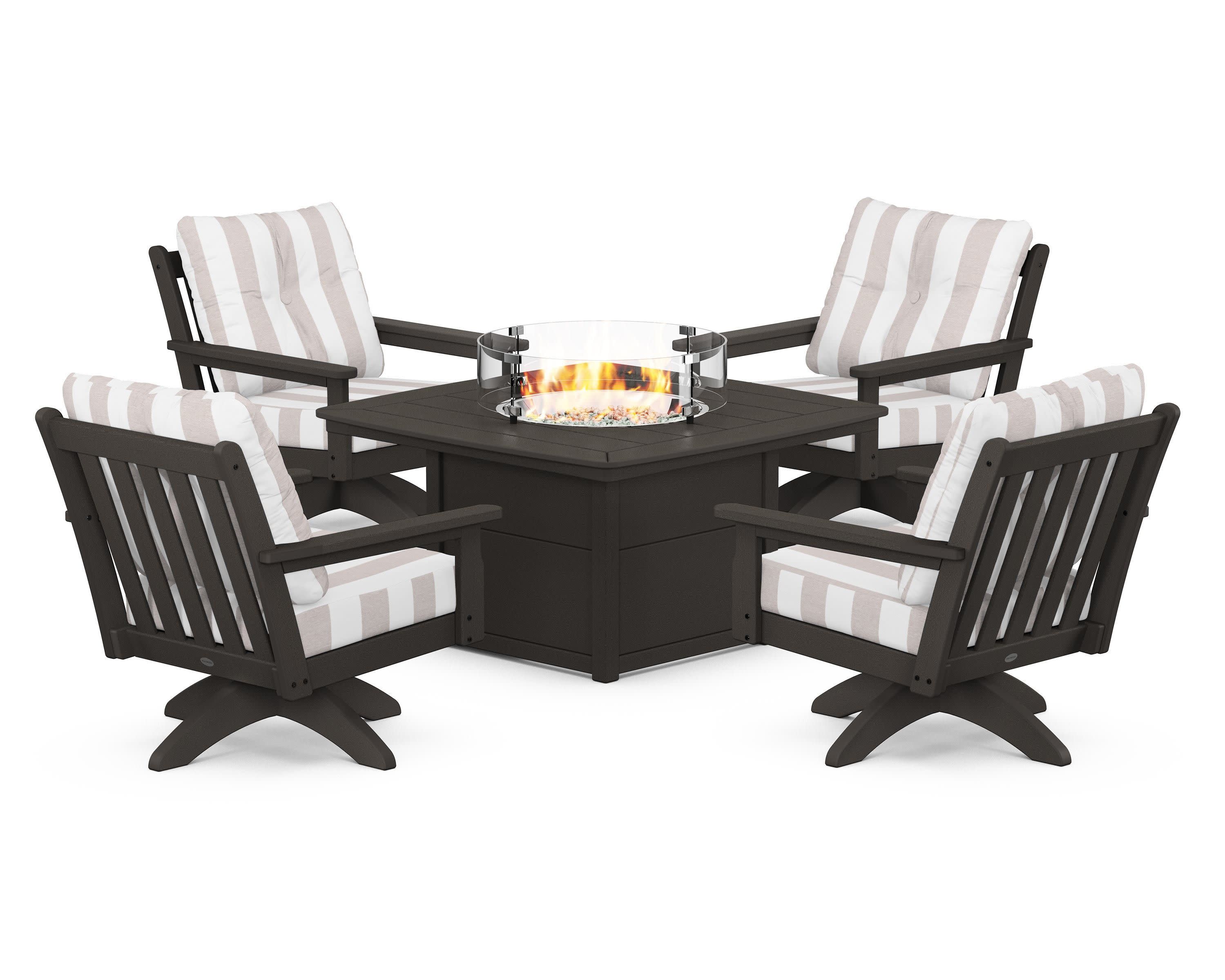 Vineyard 5-Piece Deep Seating Swivel Conversation Set with Fire Pit Table in Vintage Coffee / Cabana Stripe Dune Burlap
