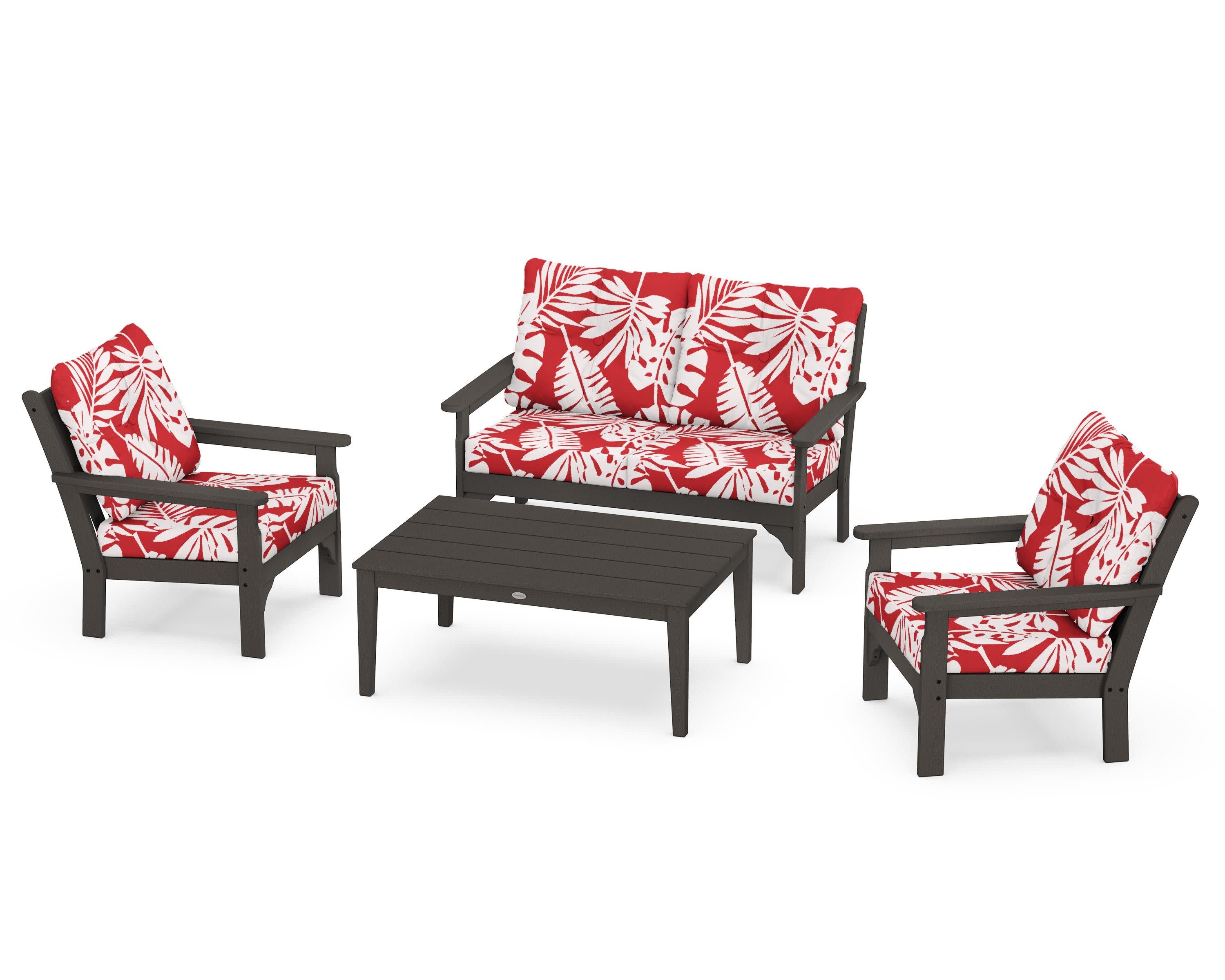 Vineyard 4-Piece Deep Seating Set in Vintage Coffee / Leaf Crimson