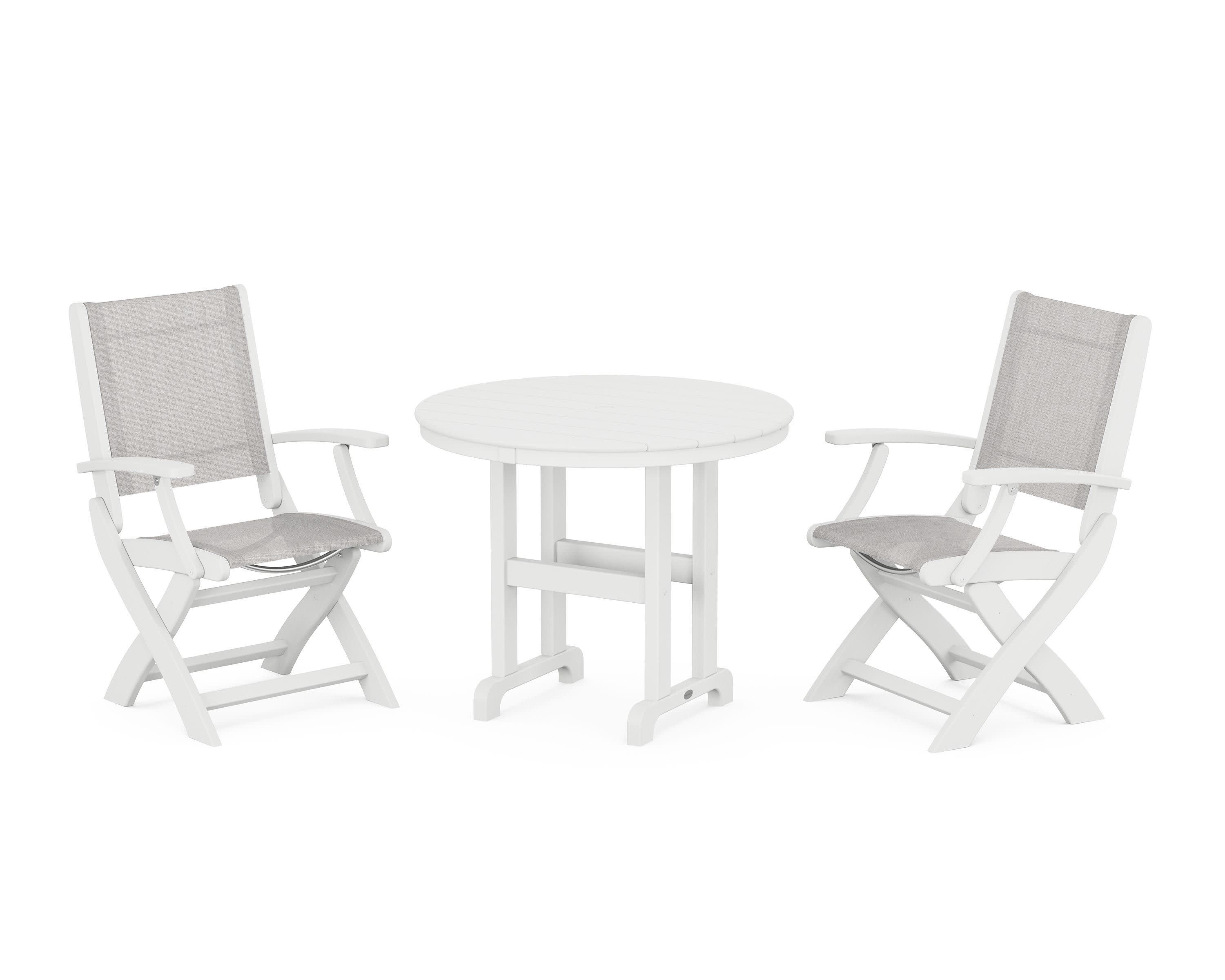 Coastal Folding Chair 3-Piece Round Dining Set in White / Parchment Sling