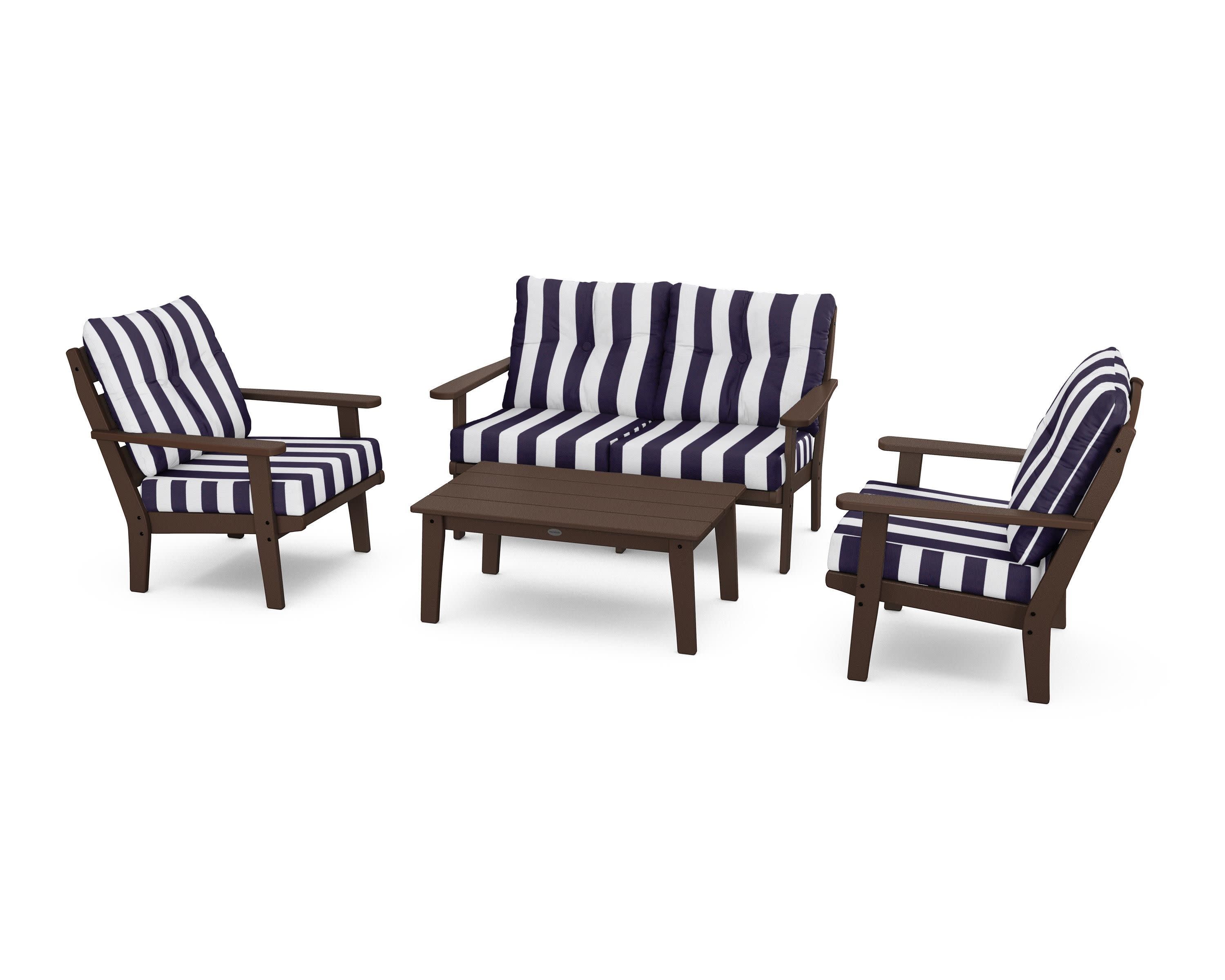 Lakeside 4-Piece Deep Seating Set in Mahogany / Cabana Stripe Navy