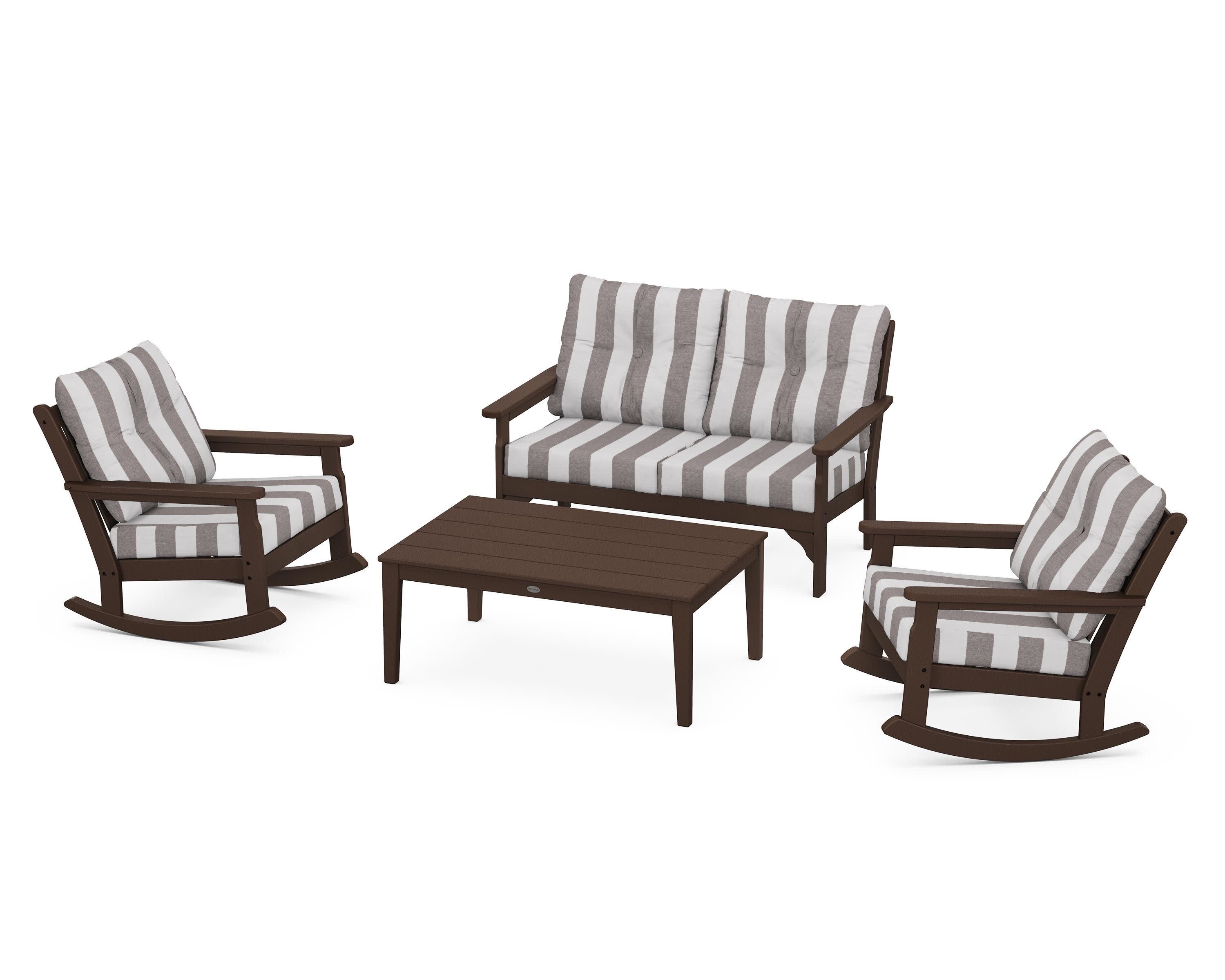 Vineyard 4-Piece Deep Seating Rocking Chair Set in Mahogany / Cabana Stripe Grey Mist