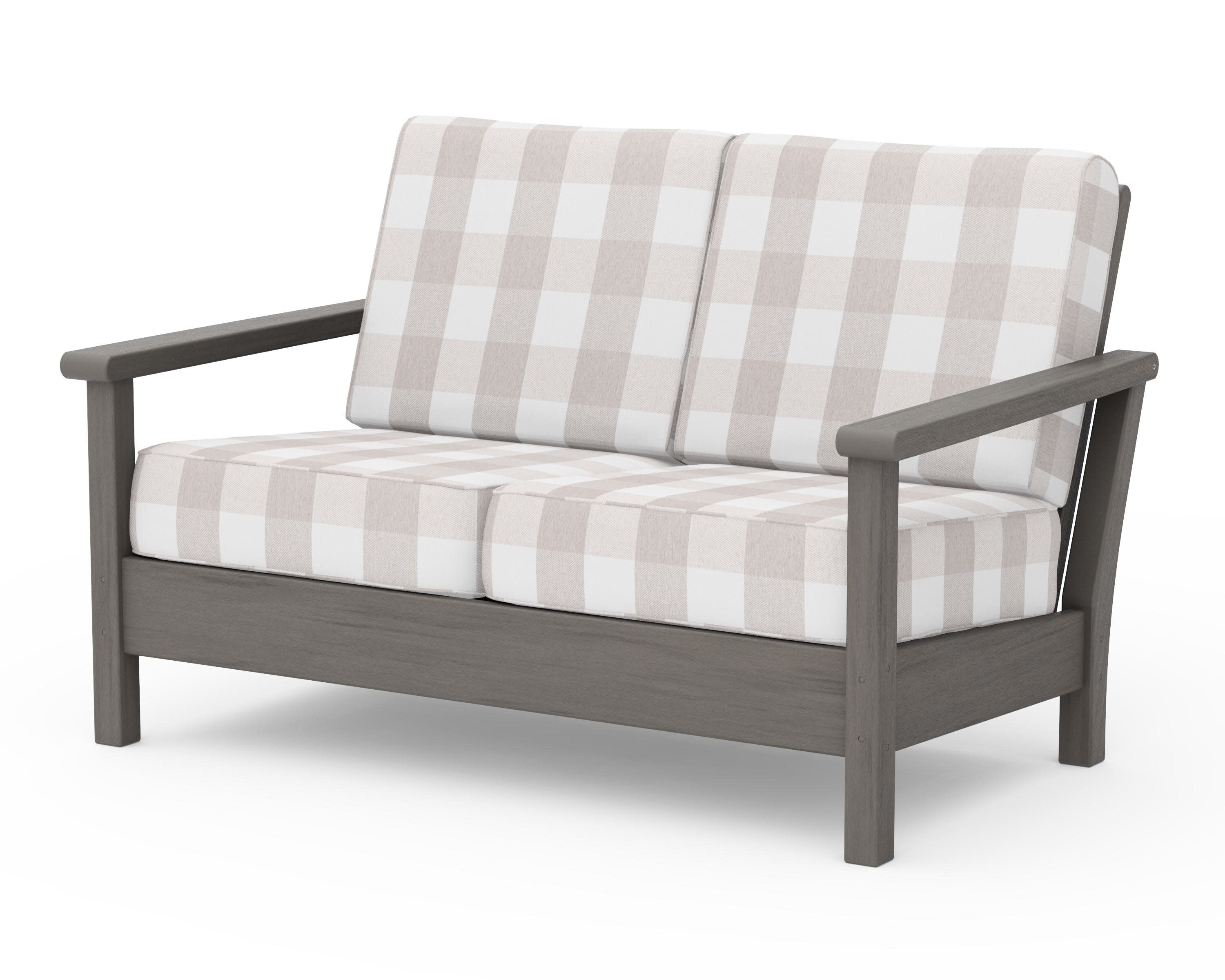 Harbour Deep Seating Loveseat in Driftwood / Buffalo Plaid Dune Burlap