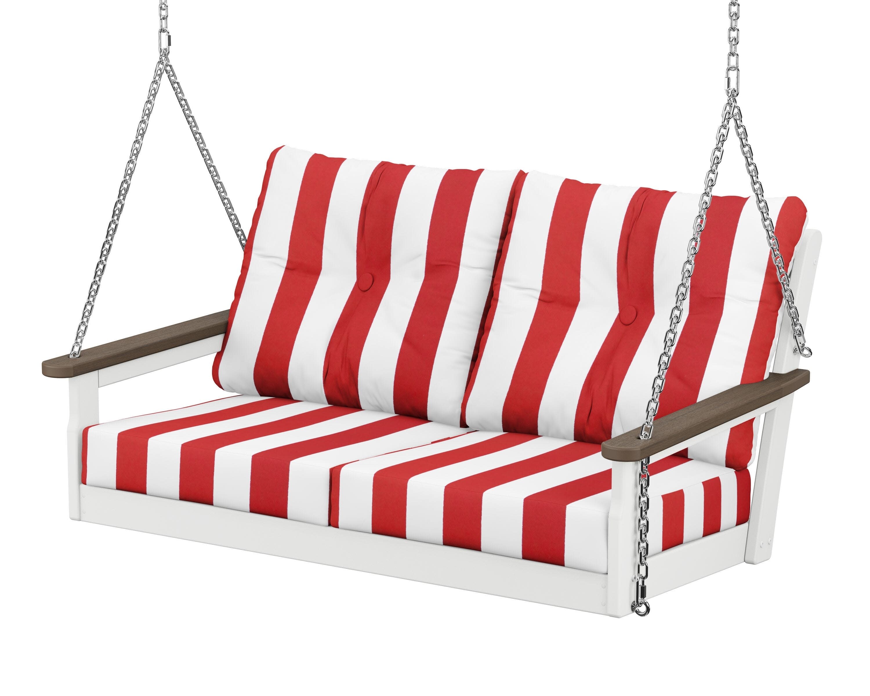 Vineyard Deep Seating Swing in White / Kona / Cabana Stripe Crimson