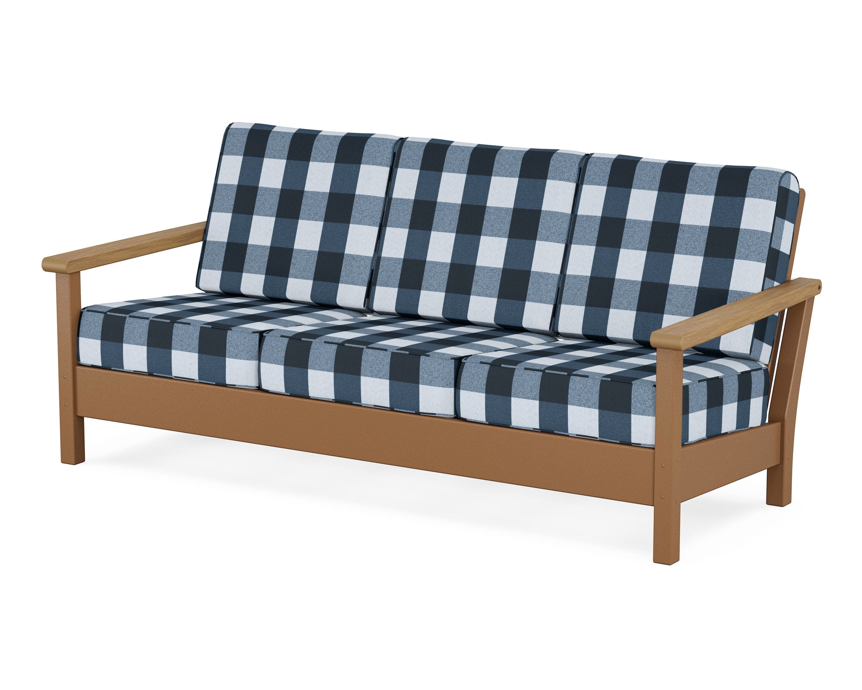 Harbour Deep Seating Sofa in Teak / Natural / Buffalo Plaid Marine Indigo