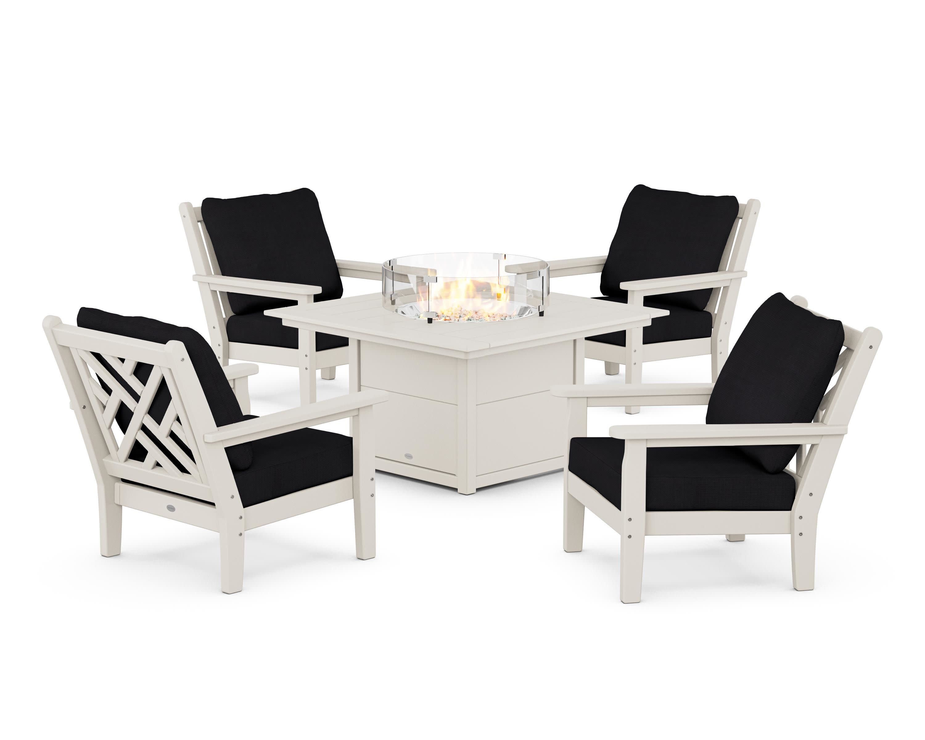 Chippendale 5-Piece Deep Seating Set with Fire Pit Table in Sand / Midnight Linen