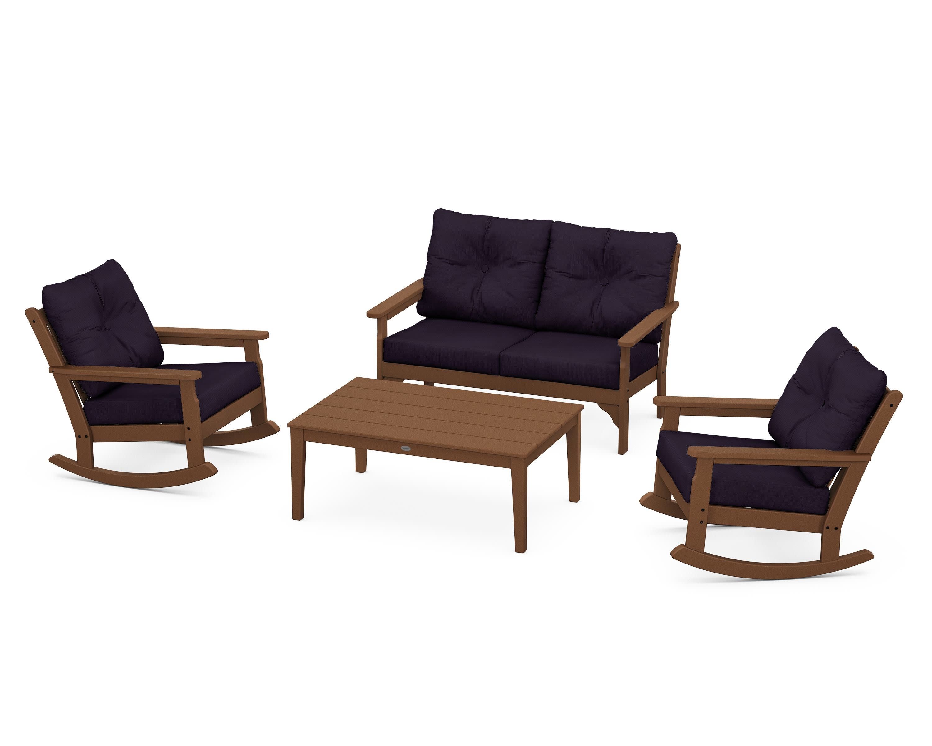 Vineyard 4-Piece Deep Seating Rocking Chair Set in Teak / Navy Linen