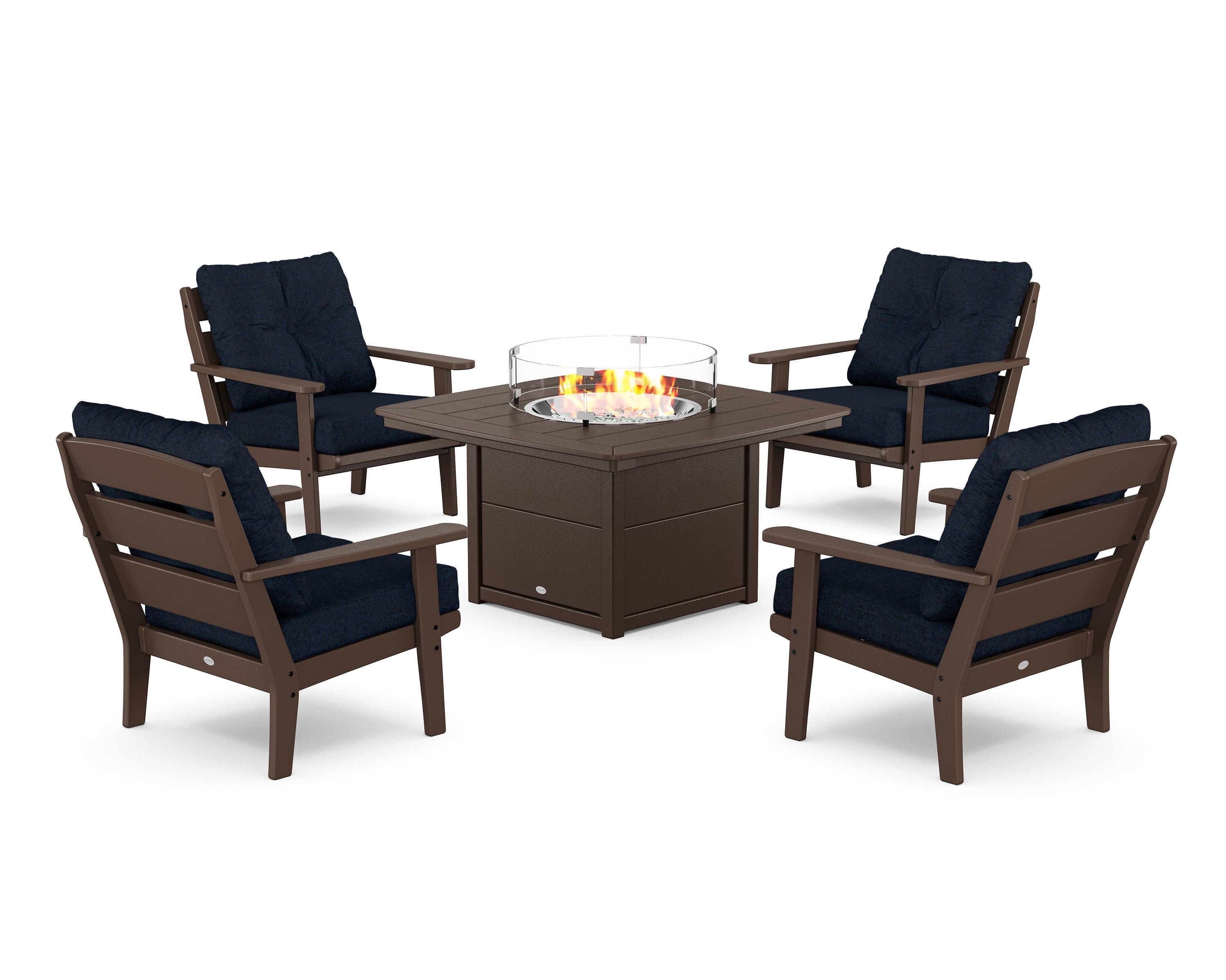 Lakeside 5-Piece Deep Seating Set with Nautical Fire Pit Table in Mahogany / Marine Indigo