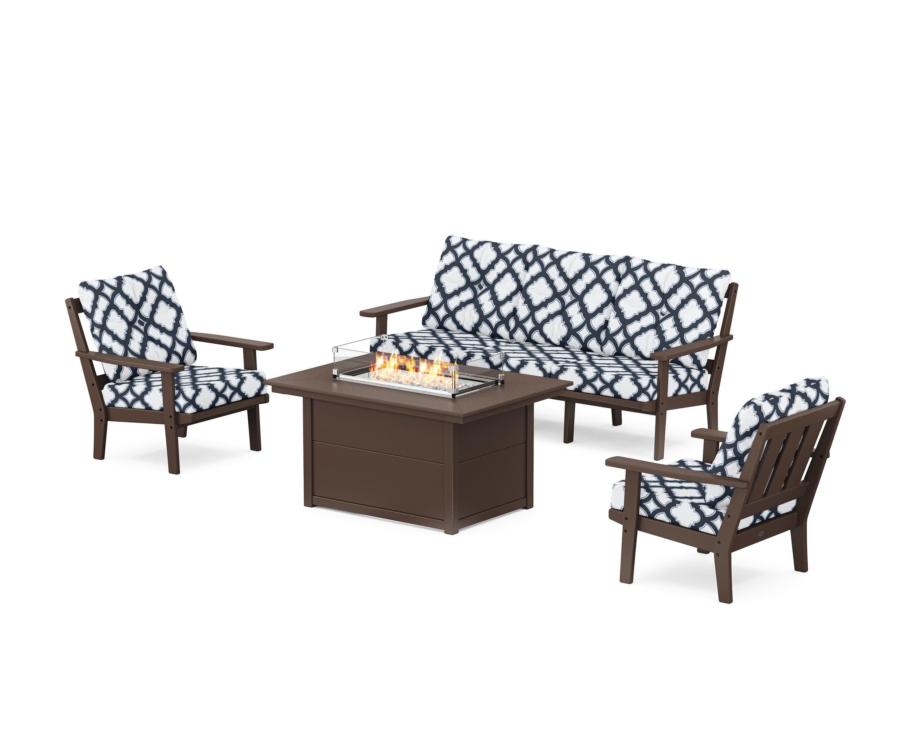 Oxford Deep Seating Fire Pit Table Set in Mahogany / Trellis Marine Indigo