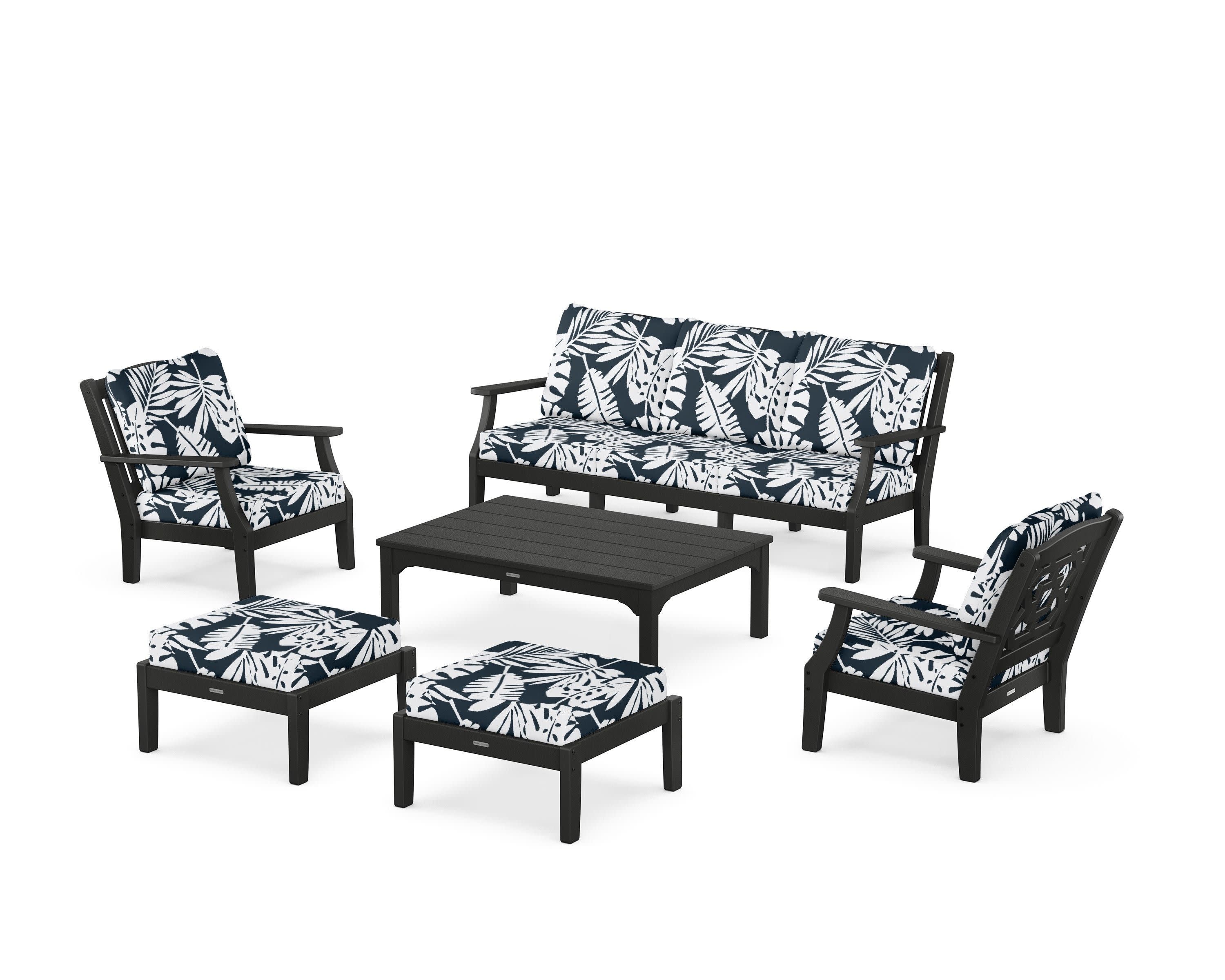 Chinoiserie 6-Piece Lounge Sofa Set in Black / Leaf Marine Indigo